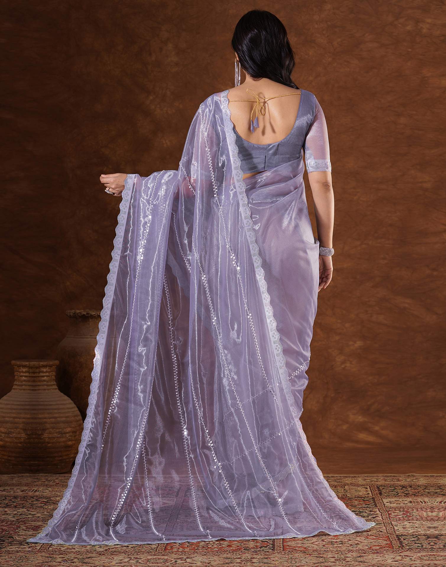 Purple Net Embroidery Saree