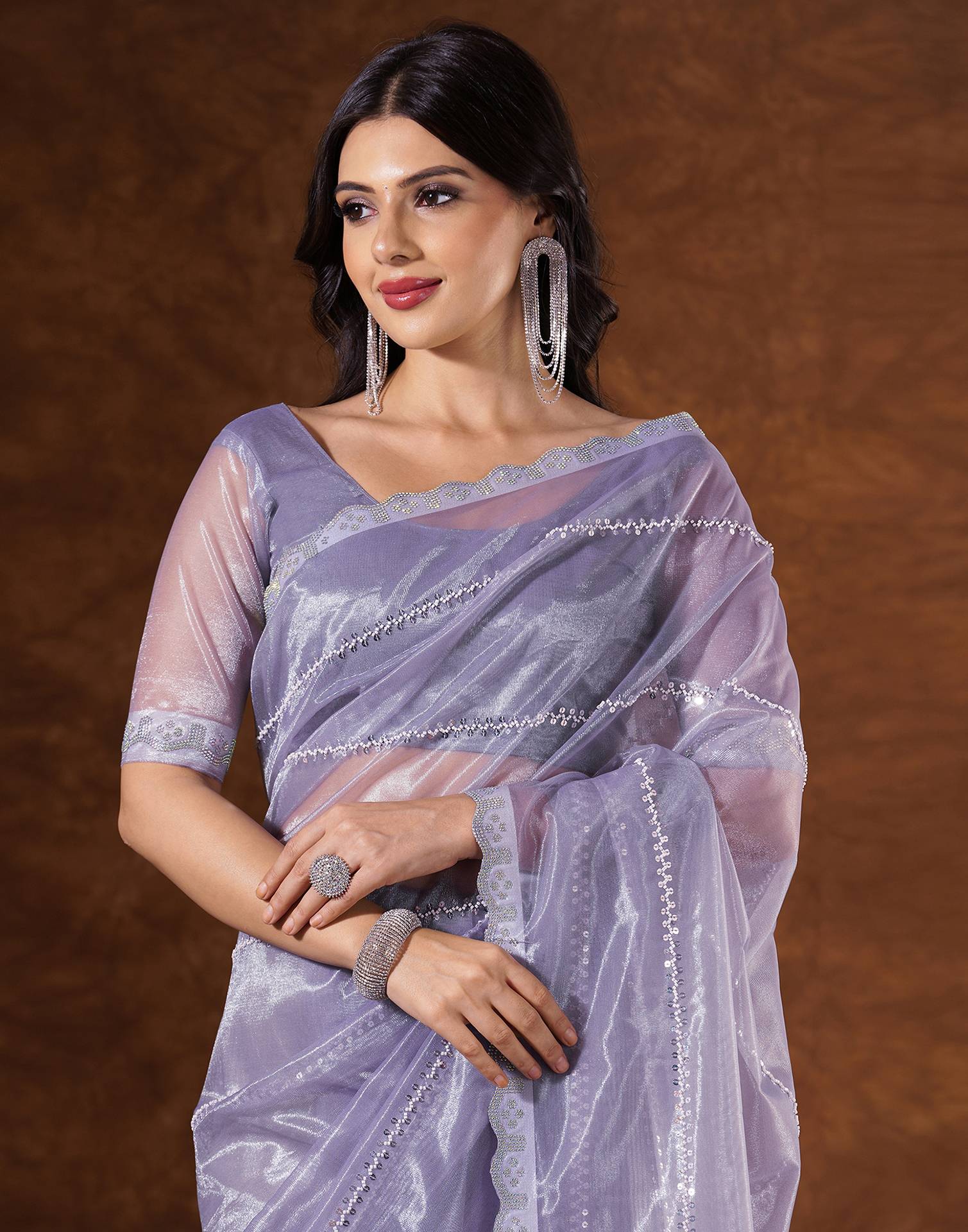 Purple Net Embroidery Saree