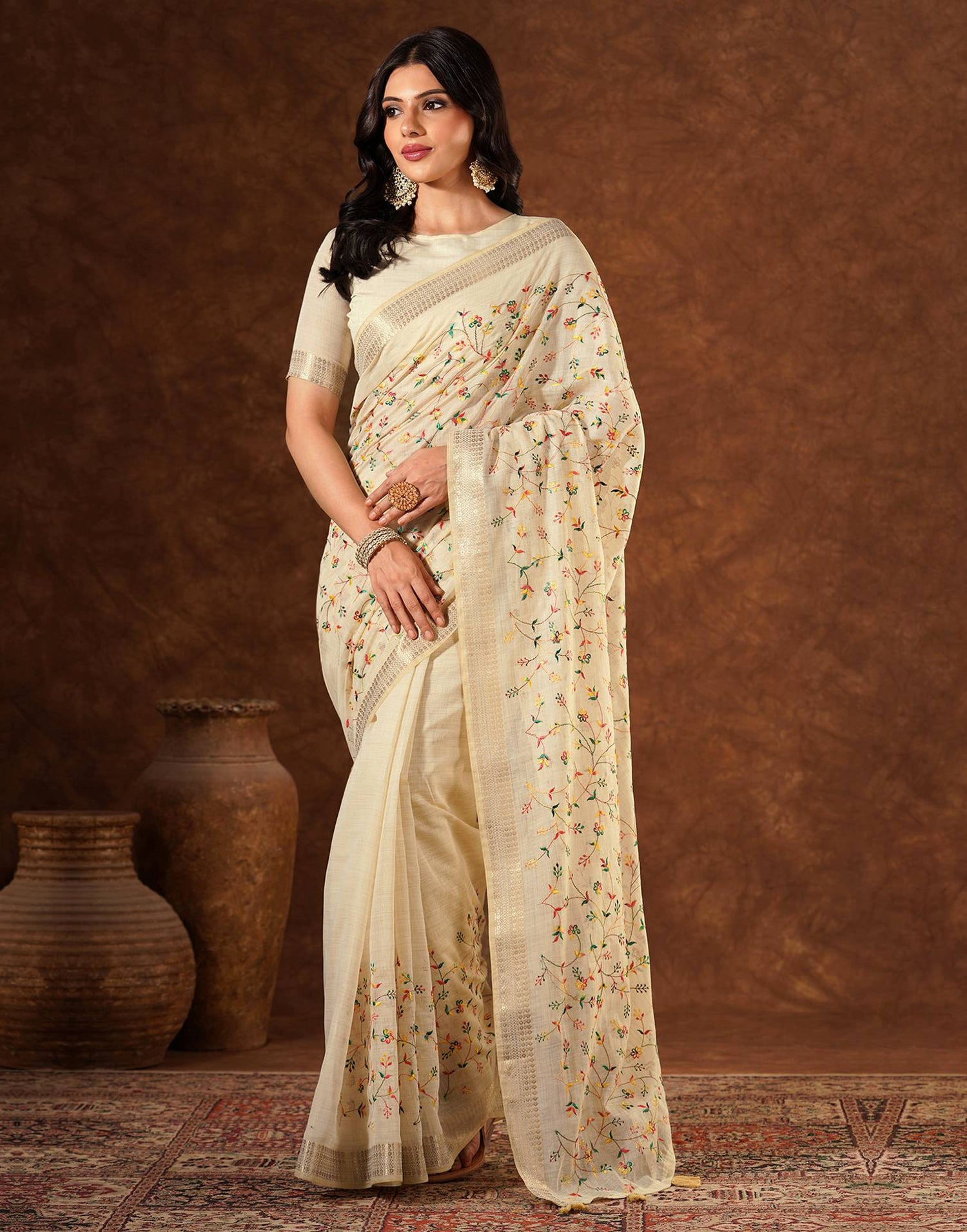 Beige Linen Embroidery Saree