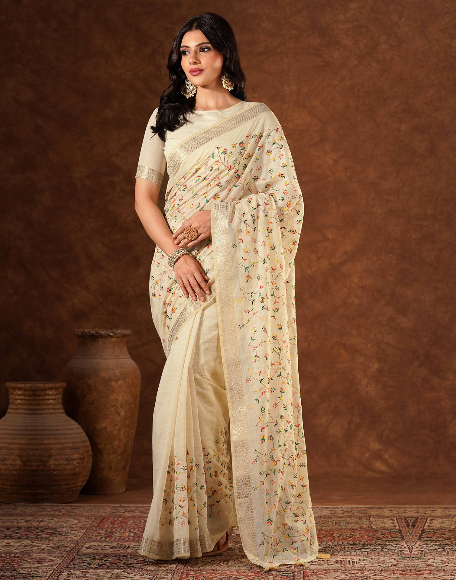 Beige Linen Embroidery Saree