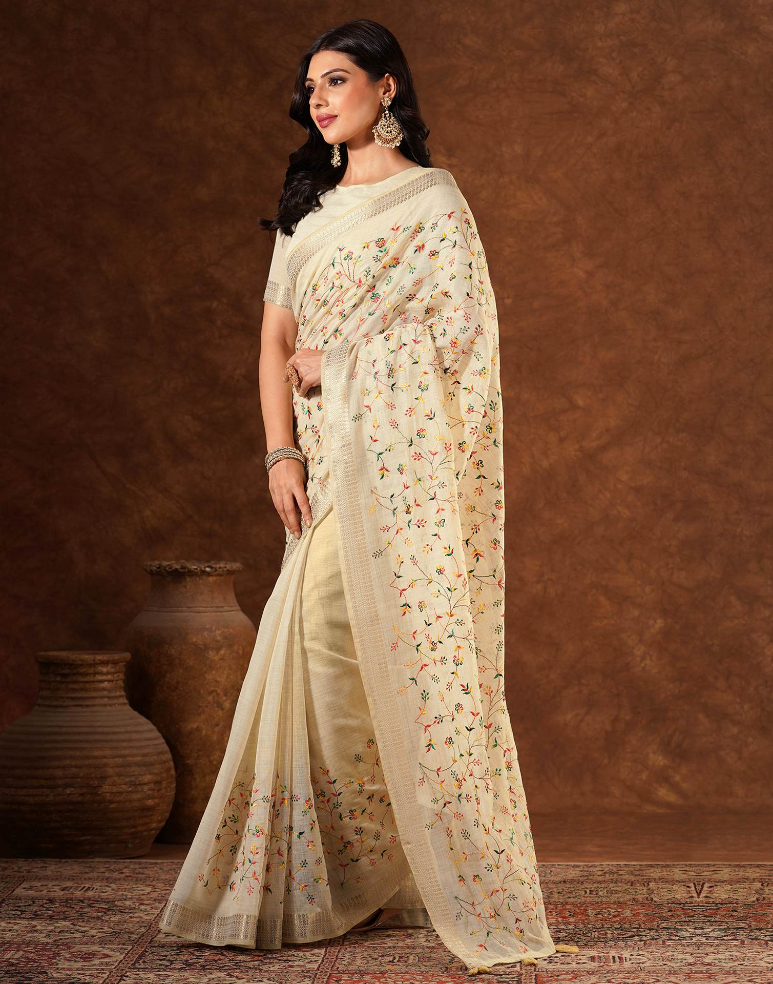Beige Linen Embroidery Saree