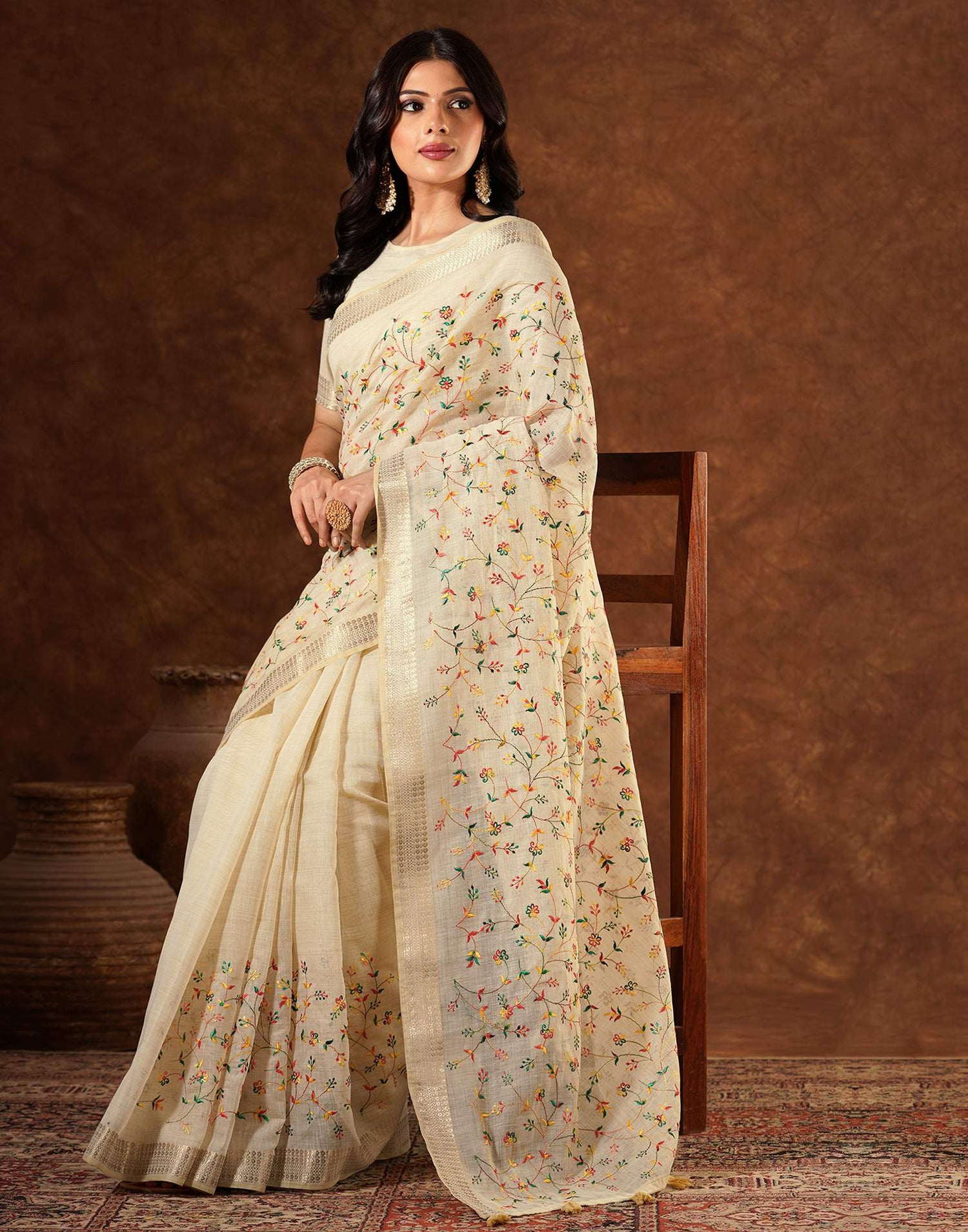 Beige Linen Embroidery Saree