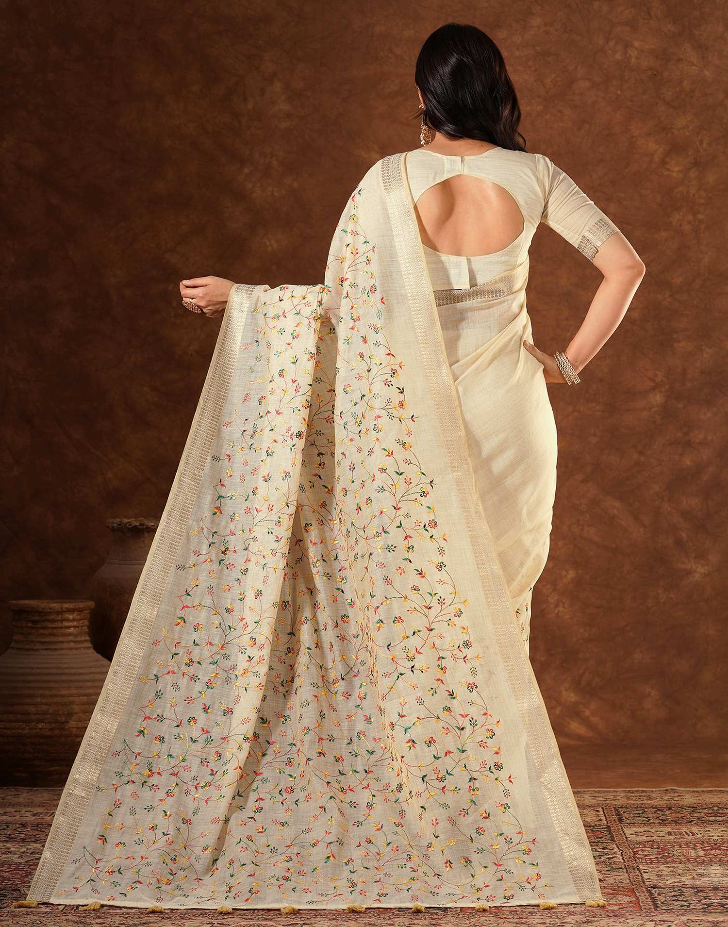 Beige Linen Embroidery Saree