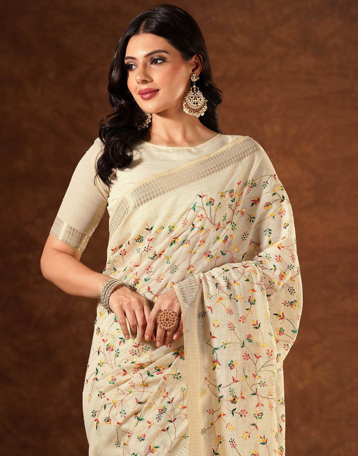 Beige Linen Embroidery Saree