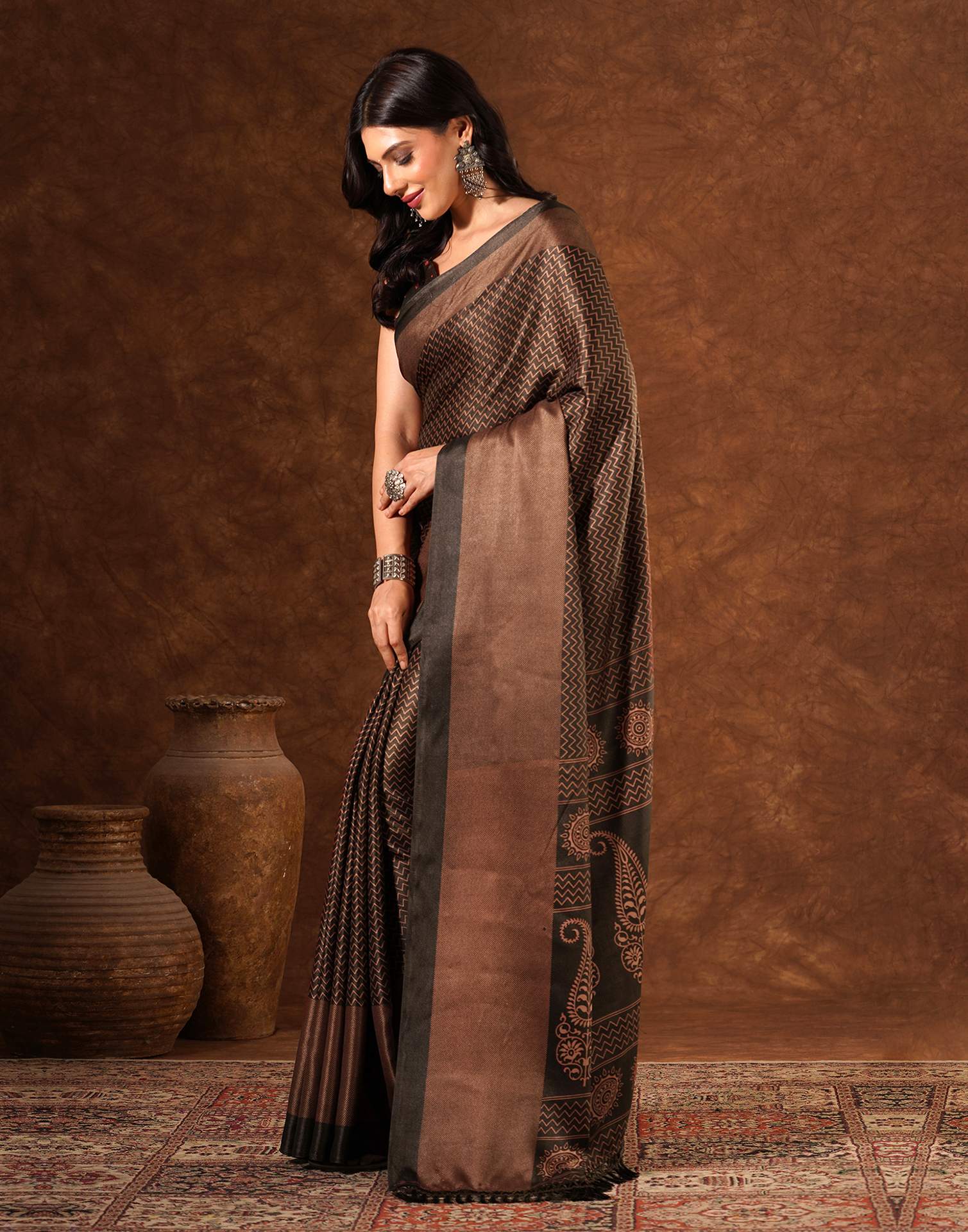 Brown Silk Printed Saree