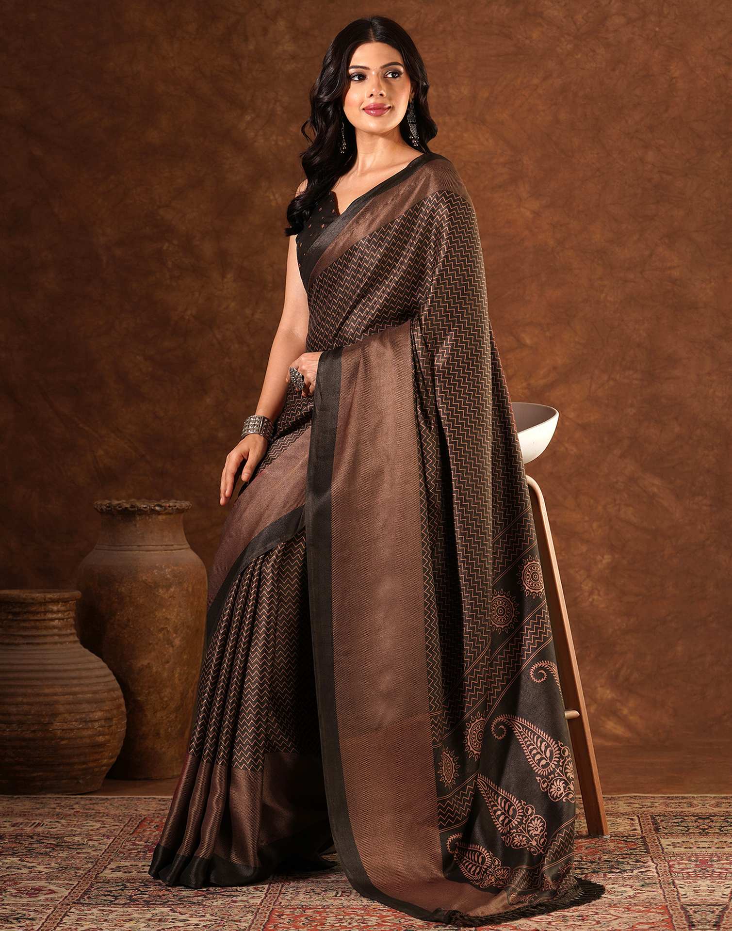 Brown Silk Printed Saree