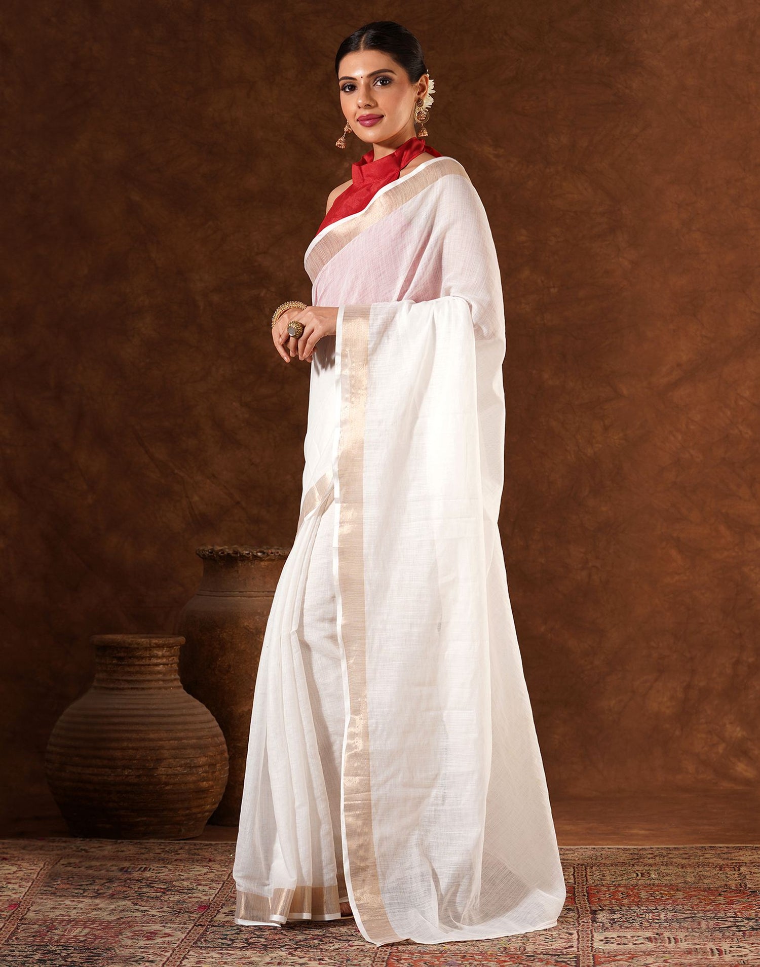 White Linen Zari work Plain Saree
