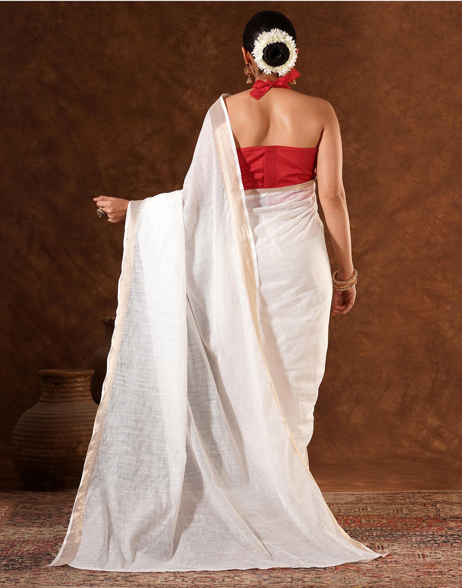 White Linen Zari work Plain Saree