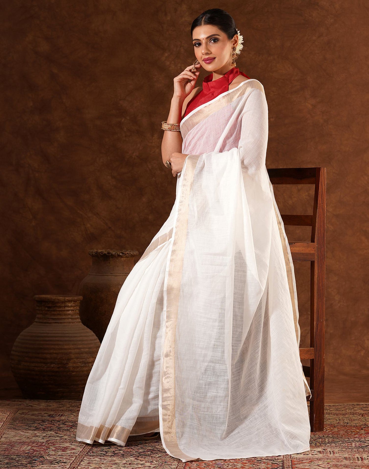 White Linen Zari work Plain Saree