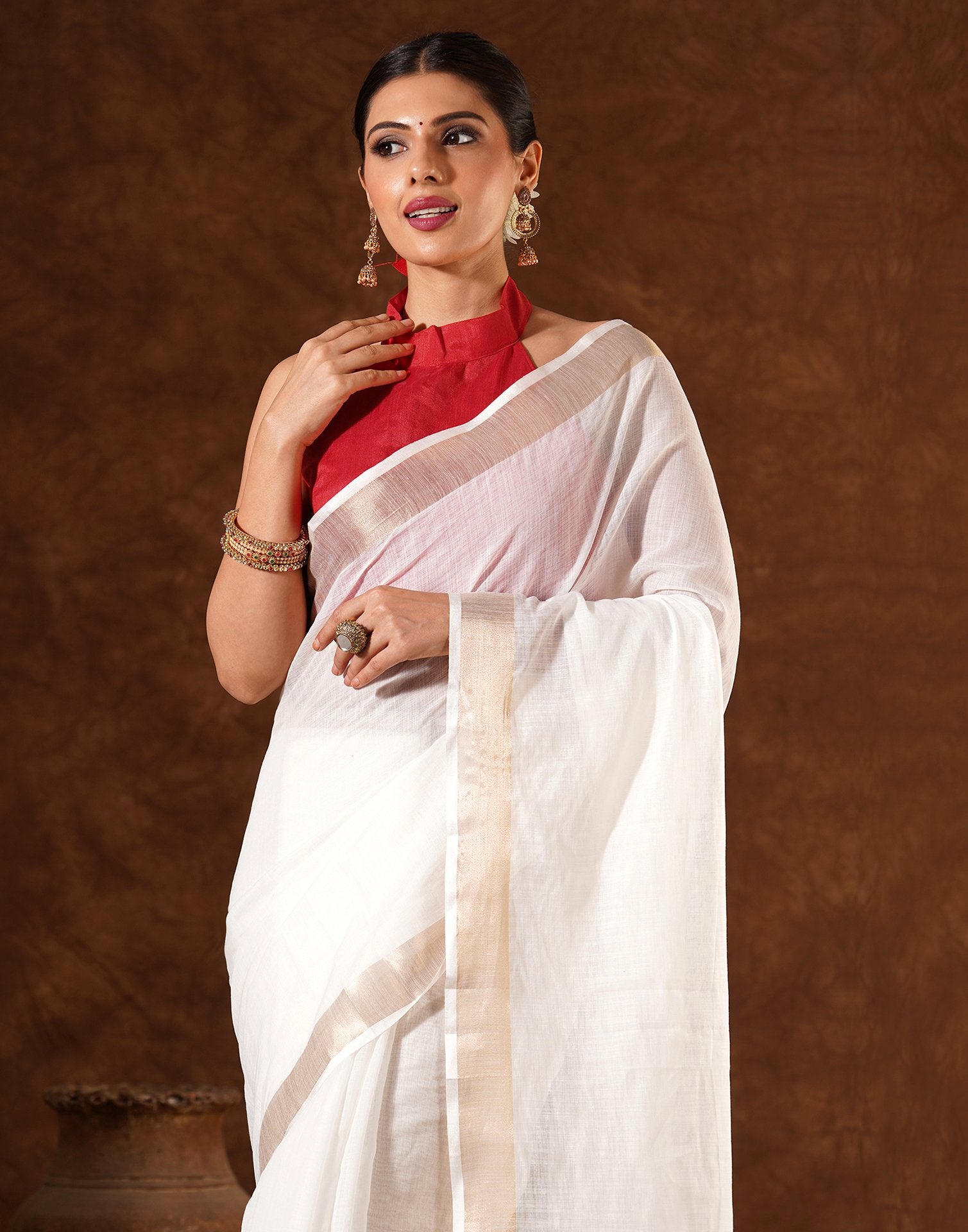 White Linen Zari work Plain Saree