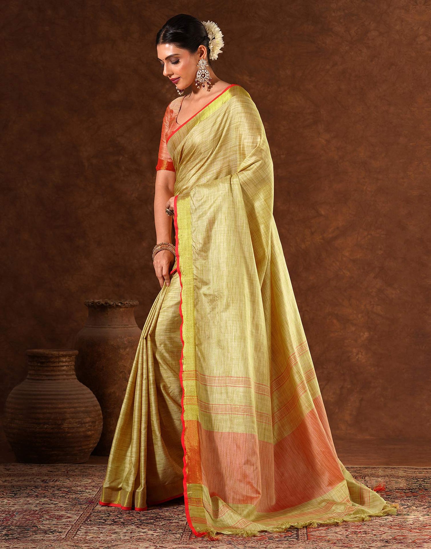 Beige Silk Zari work Plain Saree