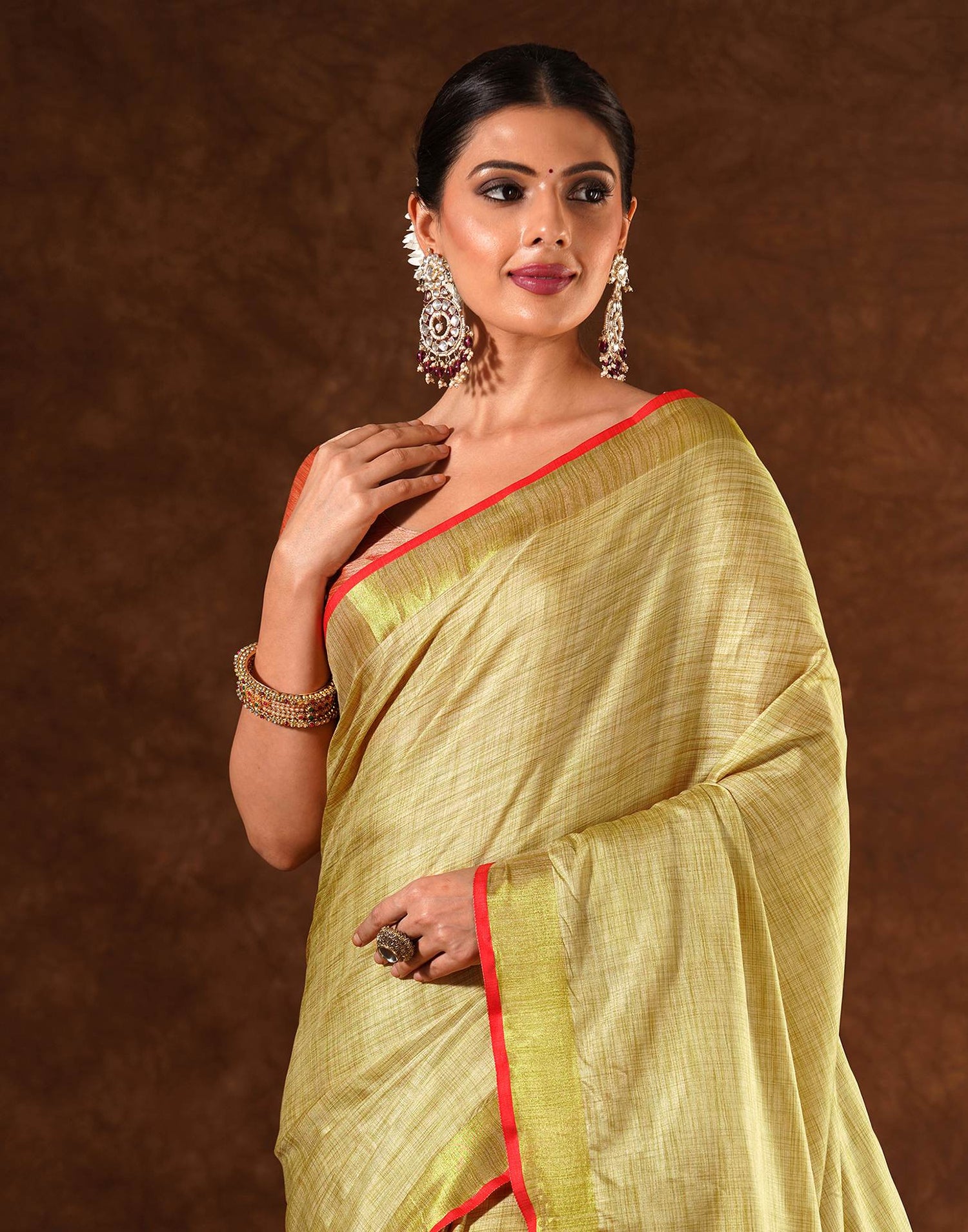 Beige Silk Zari work Plain Saree