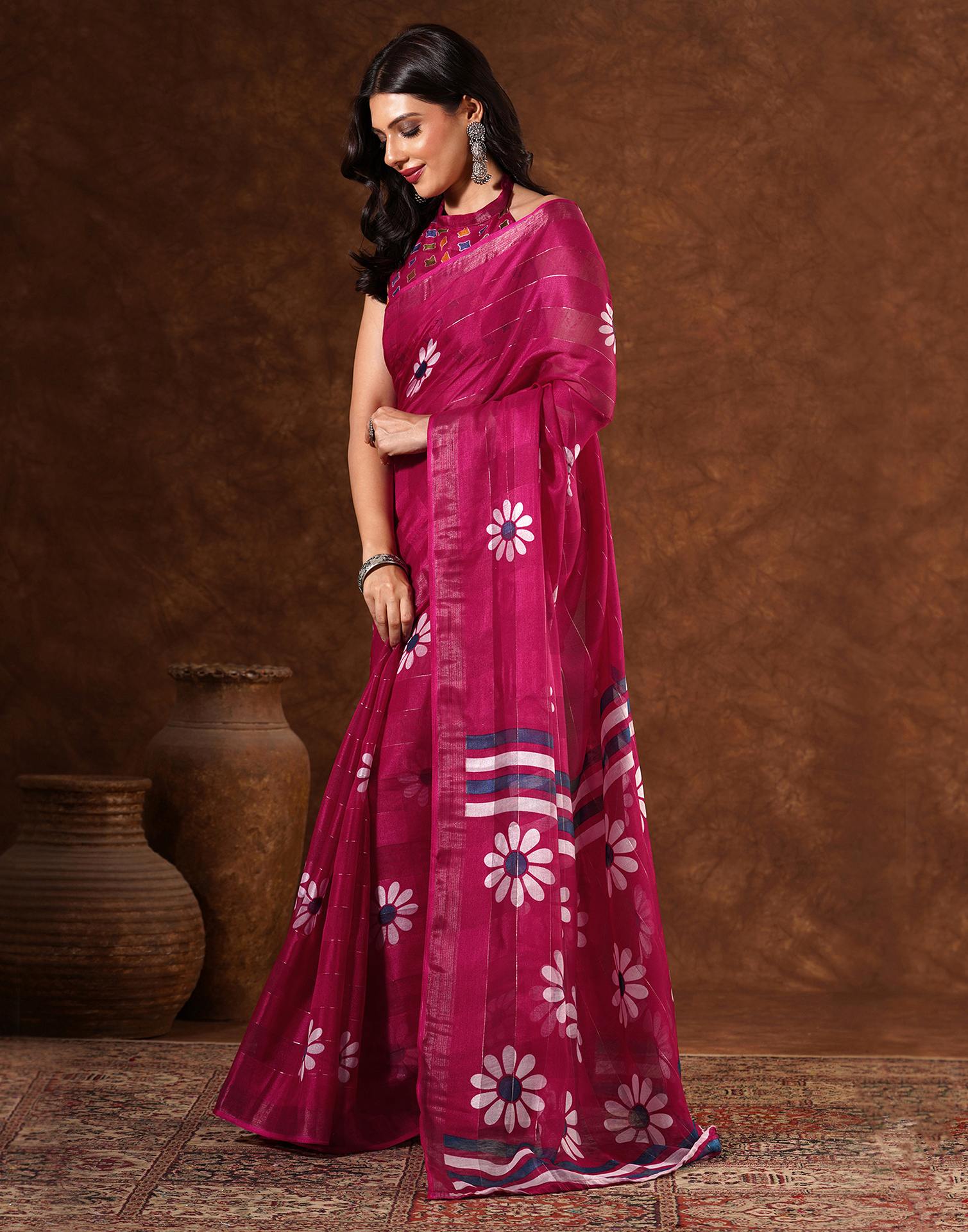 Magenta Silk Floral Printed Saree