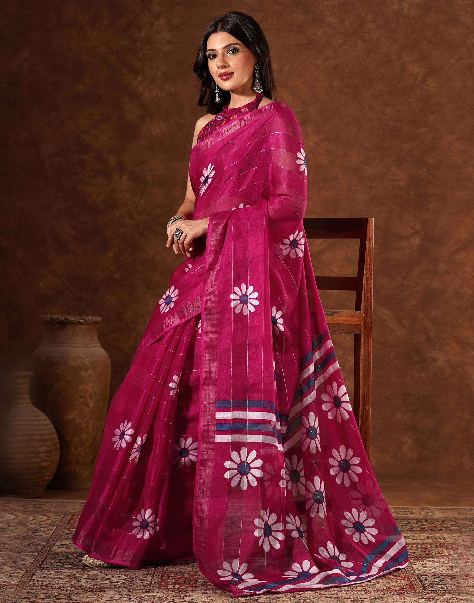Magenta Silk Floral Printed Saree
