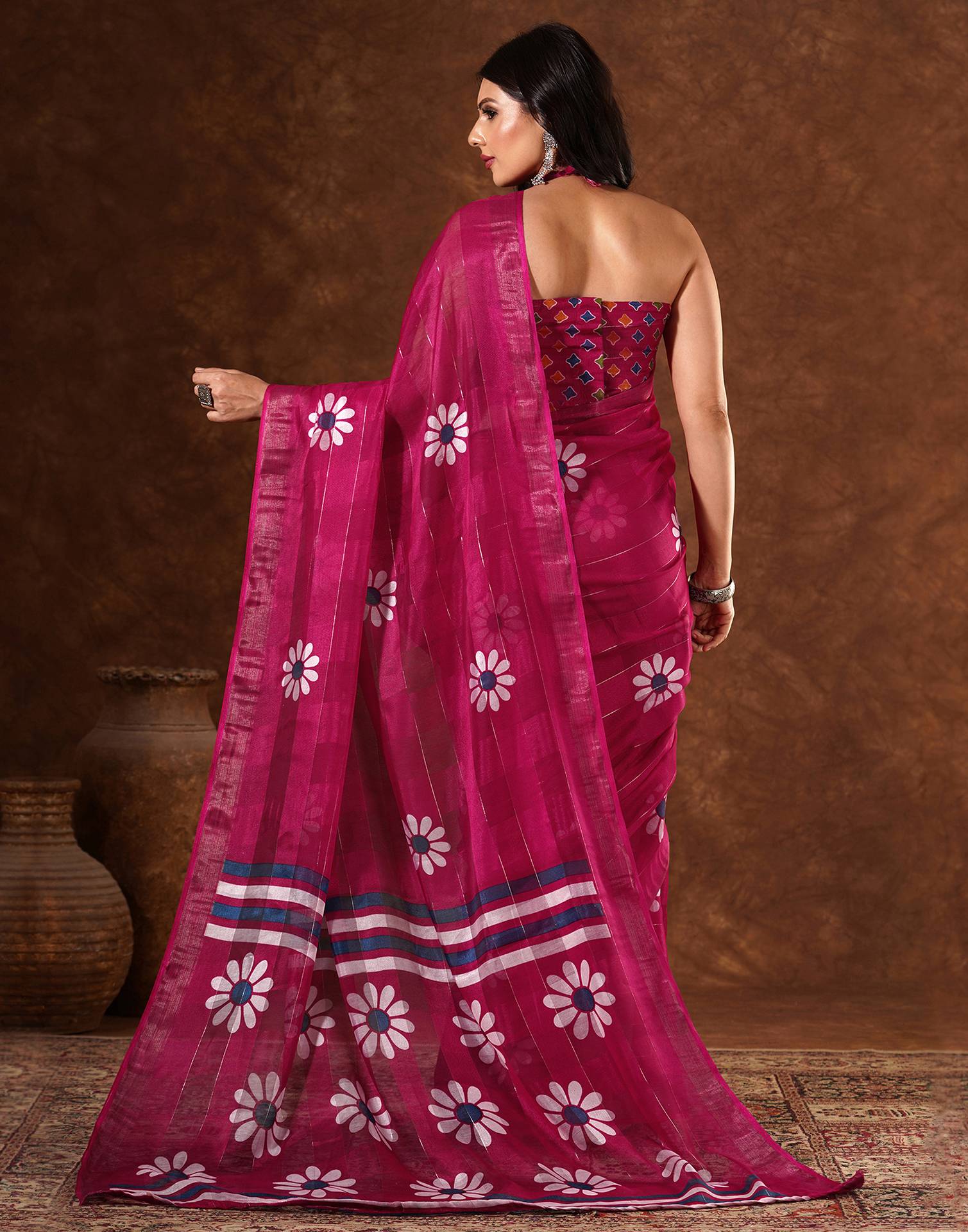 Magenta Silk Floral Printed Saree