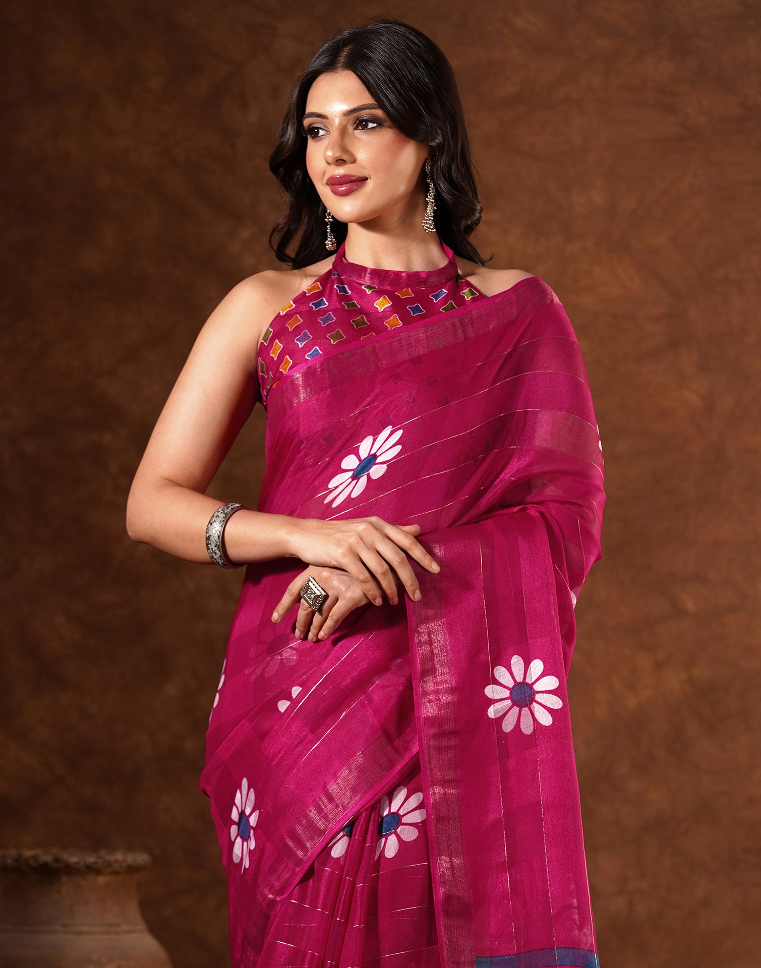 Magenta Silk Floral Printed Saree