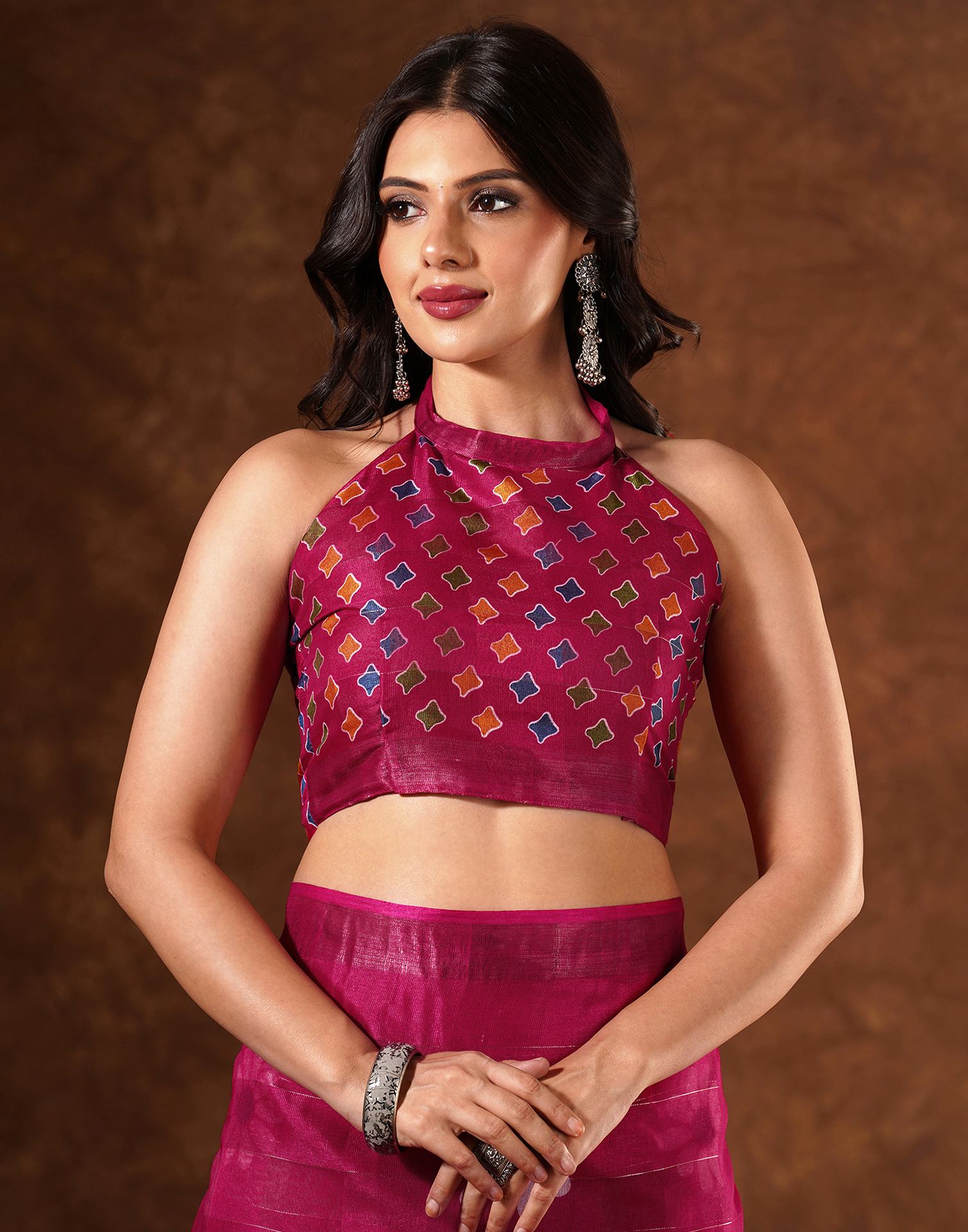 Magenta Silk Floral Printed Saree