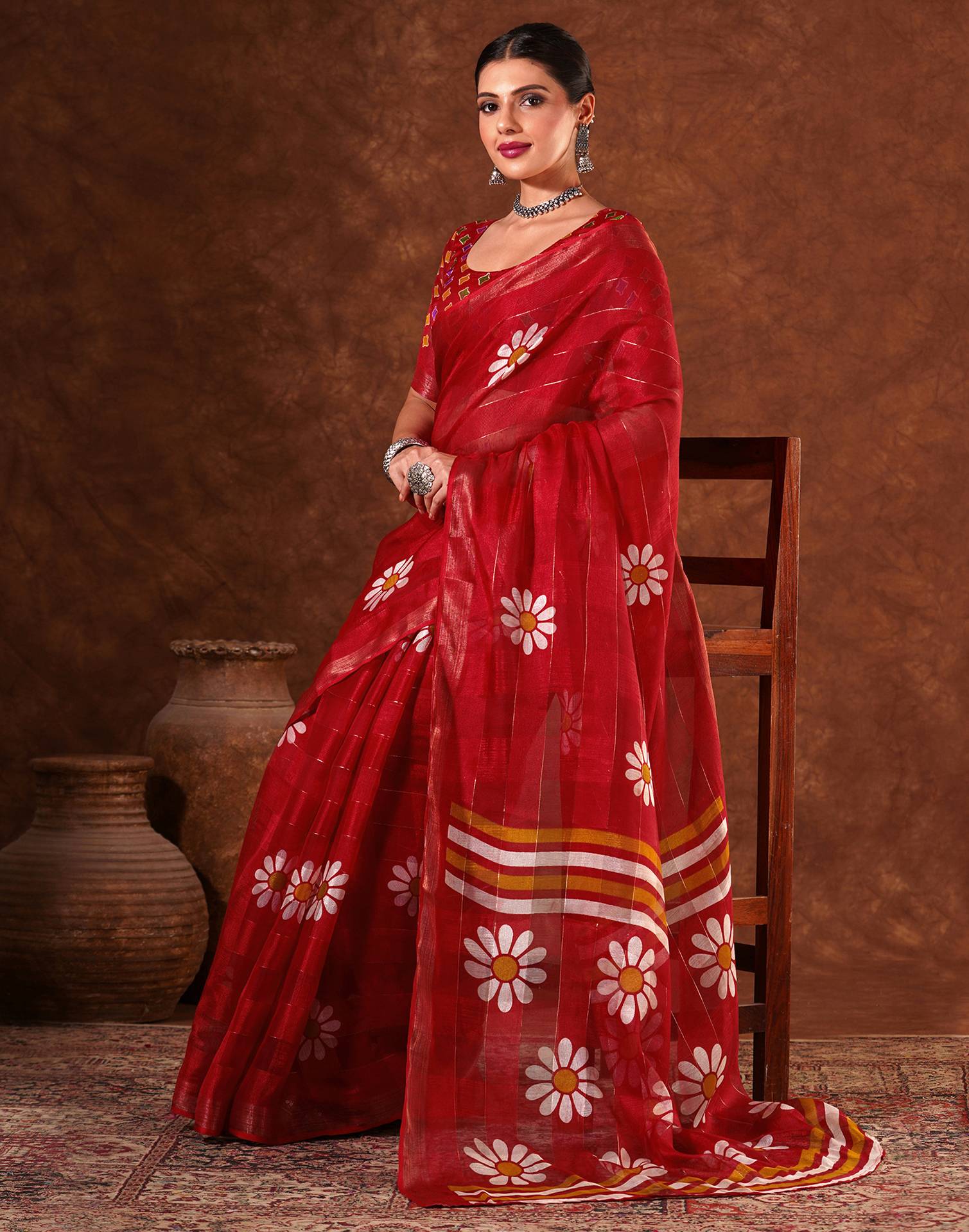Red Silk Floral Printed Saree