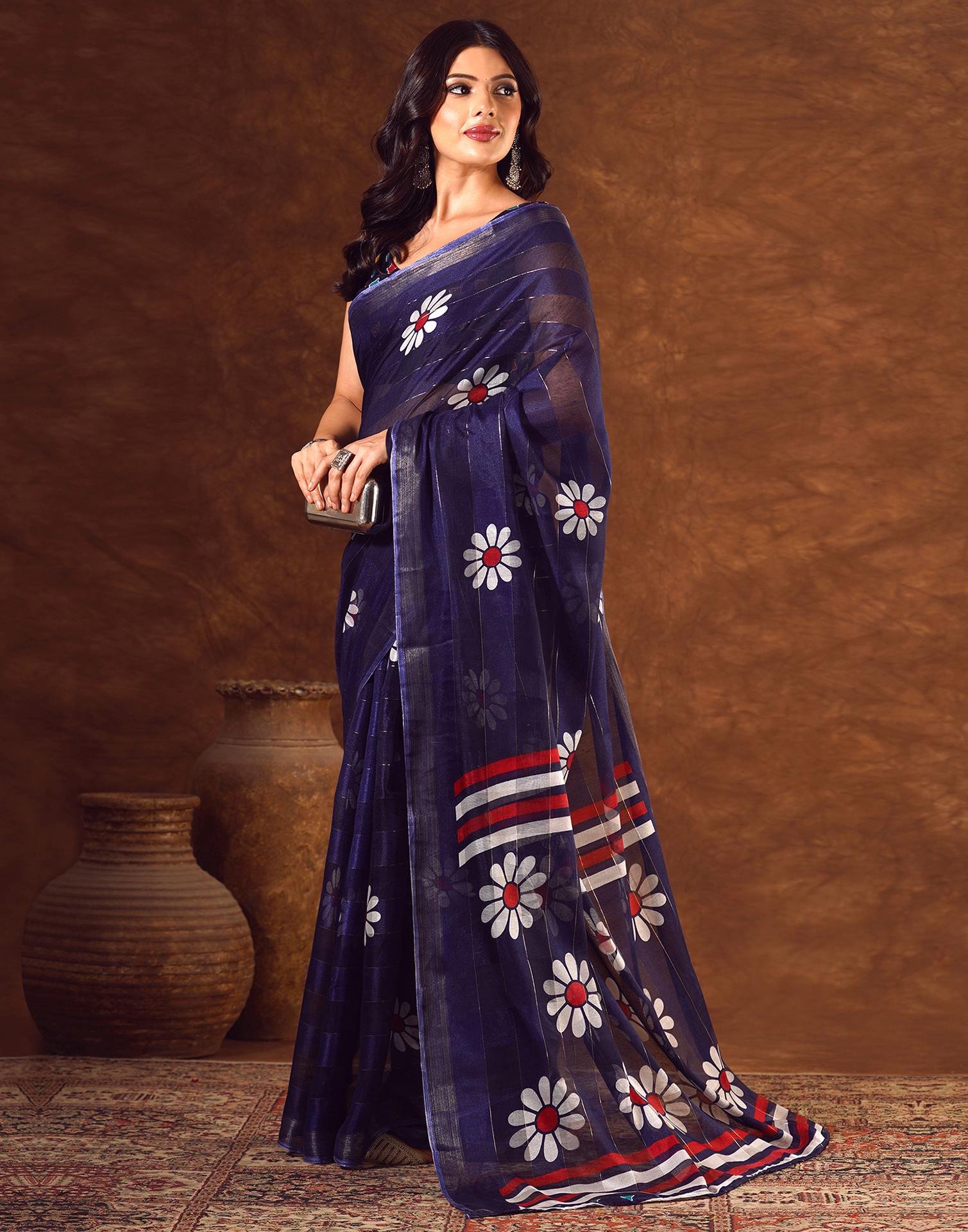 Blue Silk Floral Printed Saree