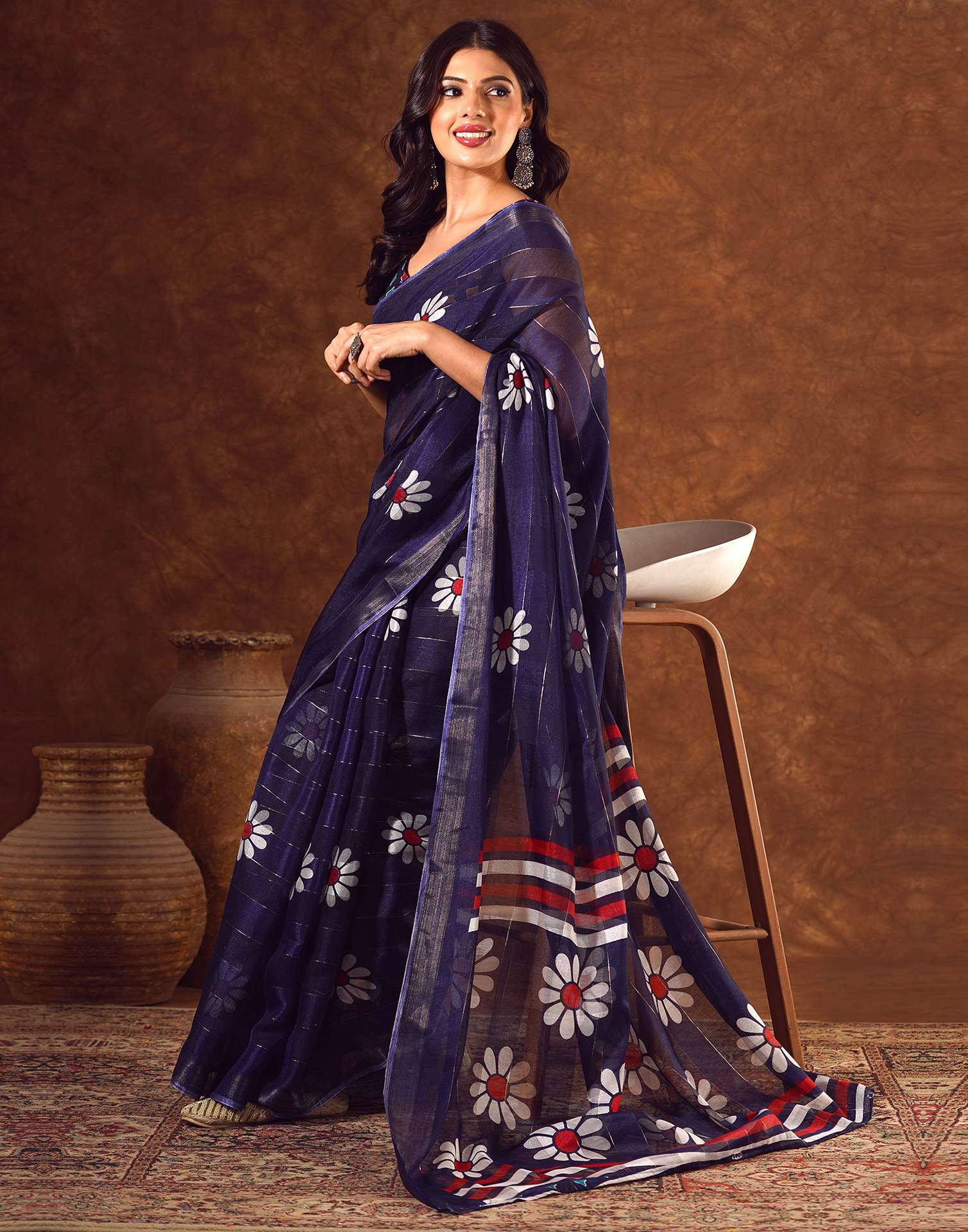 Blue Silk Floral Printed Saree