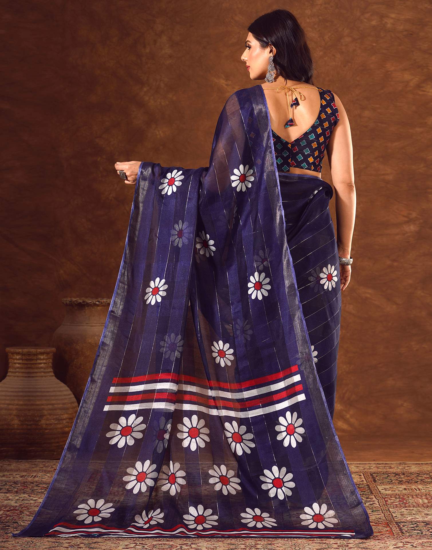 Blue Silk Floral Printed Saree