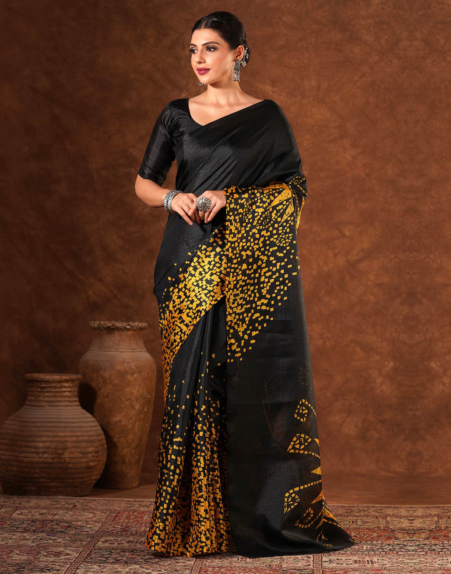 Black Cotton Blend Printed Saree