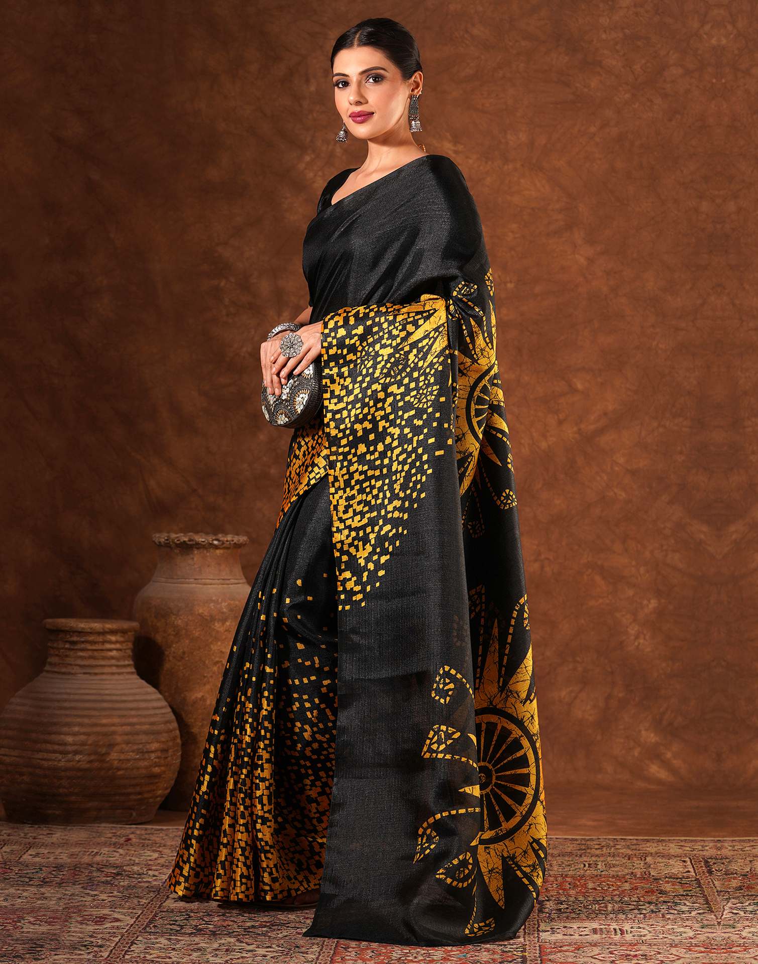 Black Cotton Blend Printed Saree