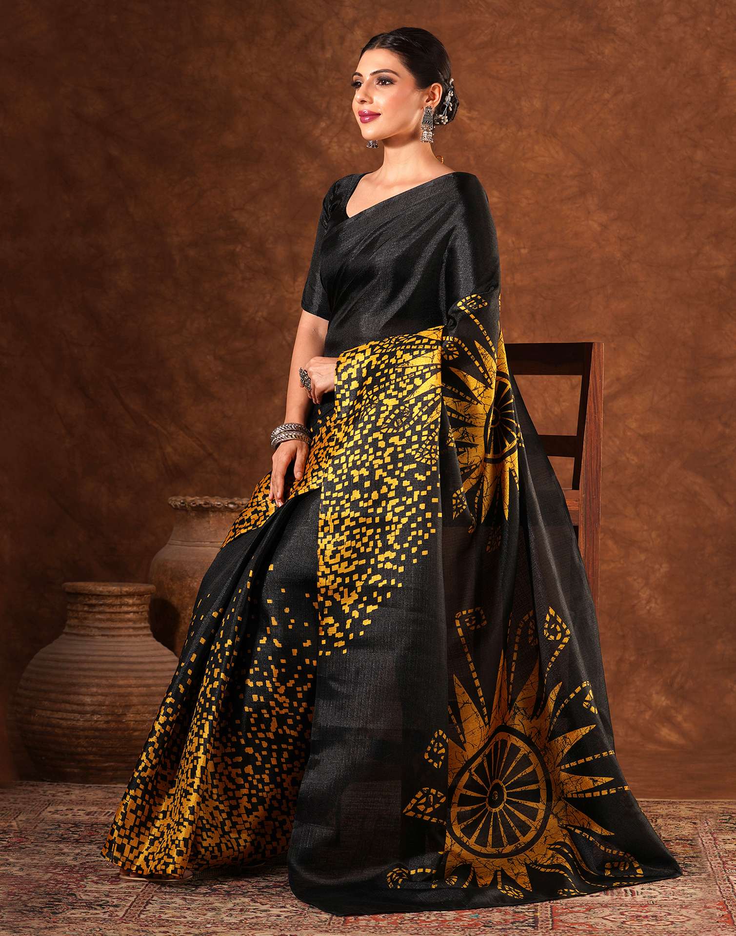 Black Cotton Blend Printed Saree