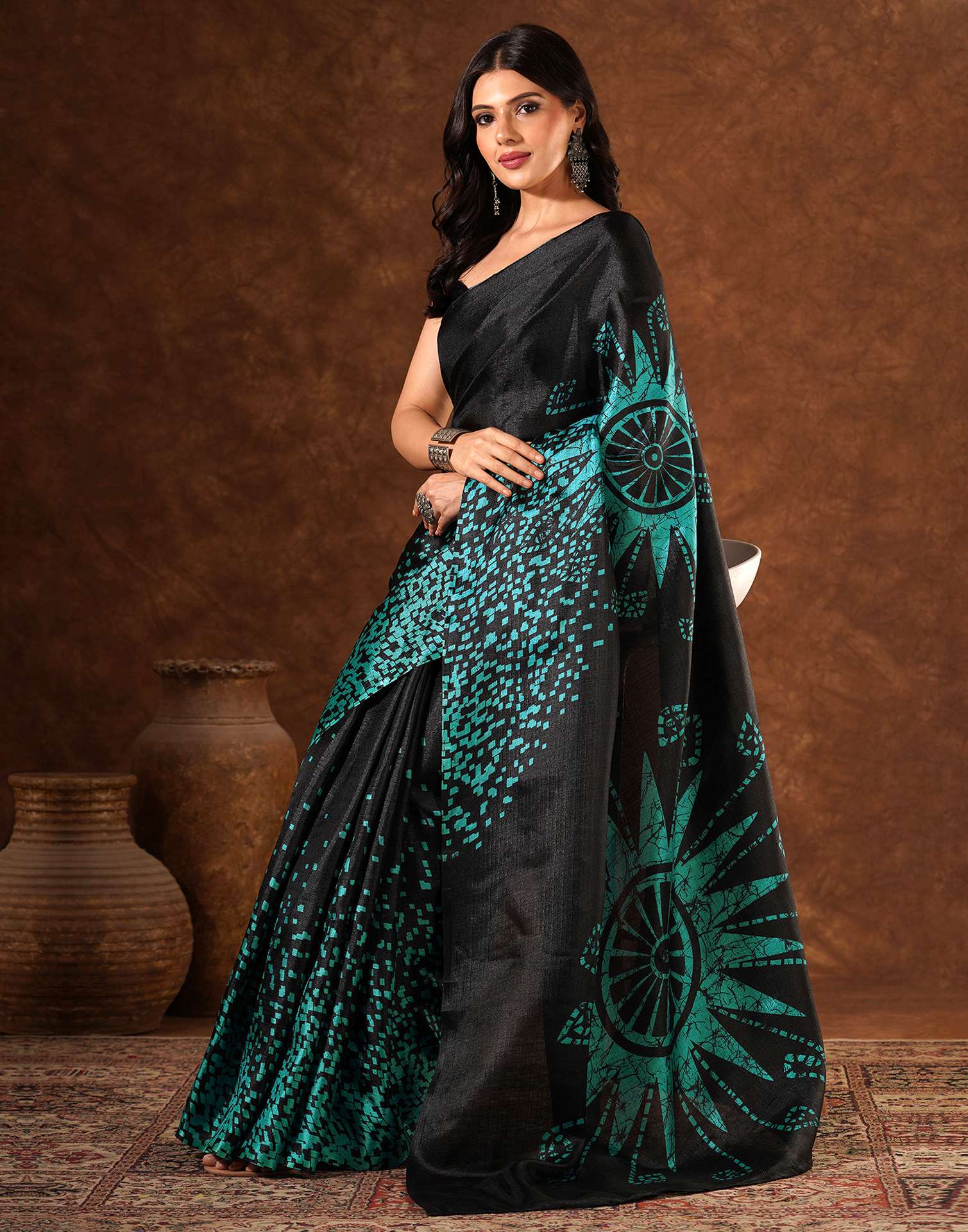 Black Cotton Blend Printed Saree