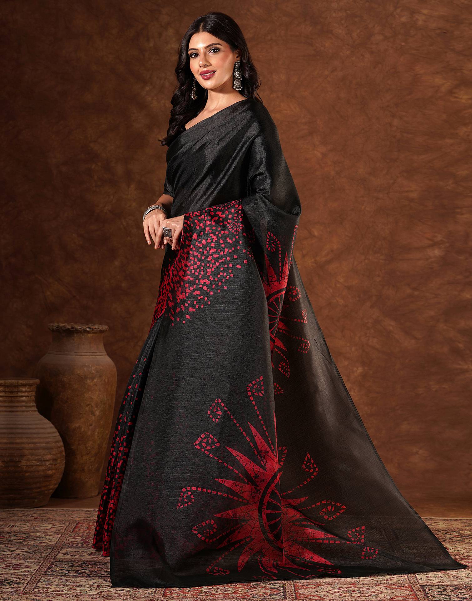 Black Cotton Blend Printed Saree