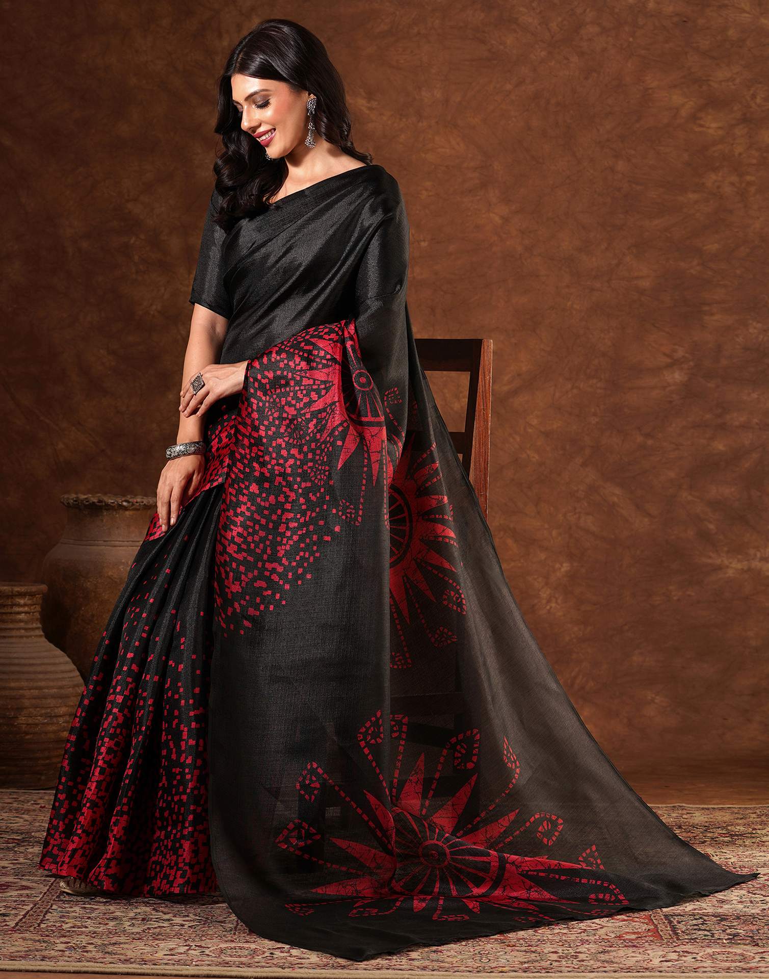 Black Cotton Blend Printed Saree