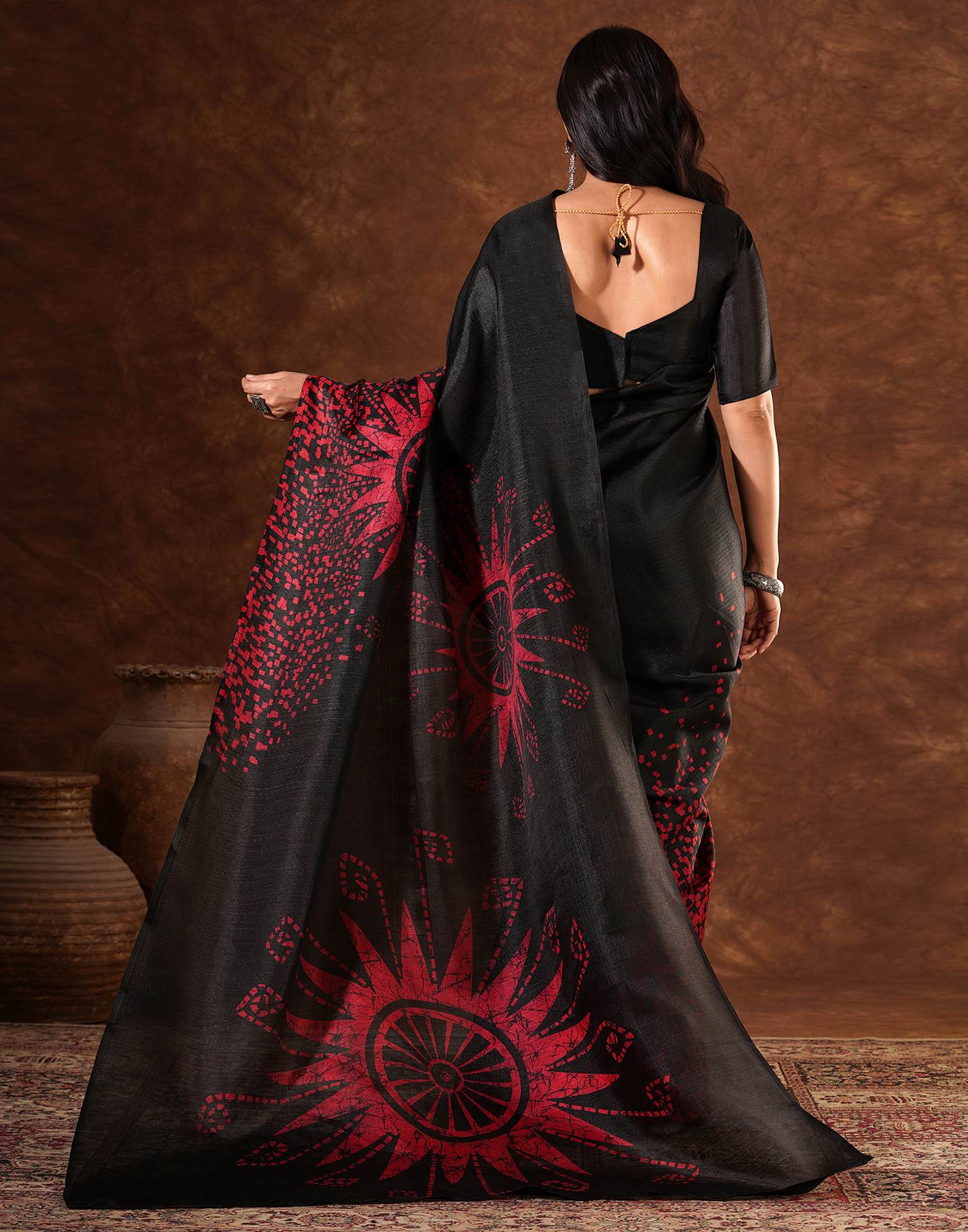 Black Cotton Blend Printed Saree