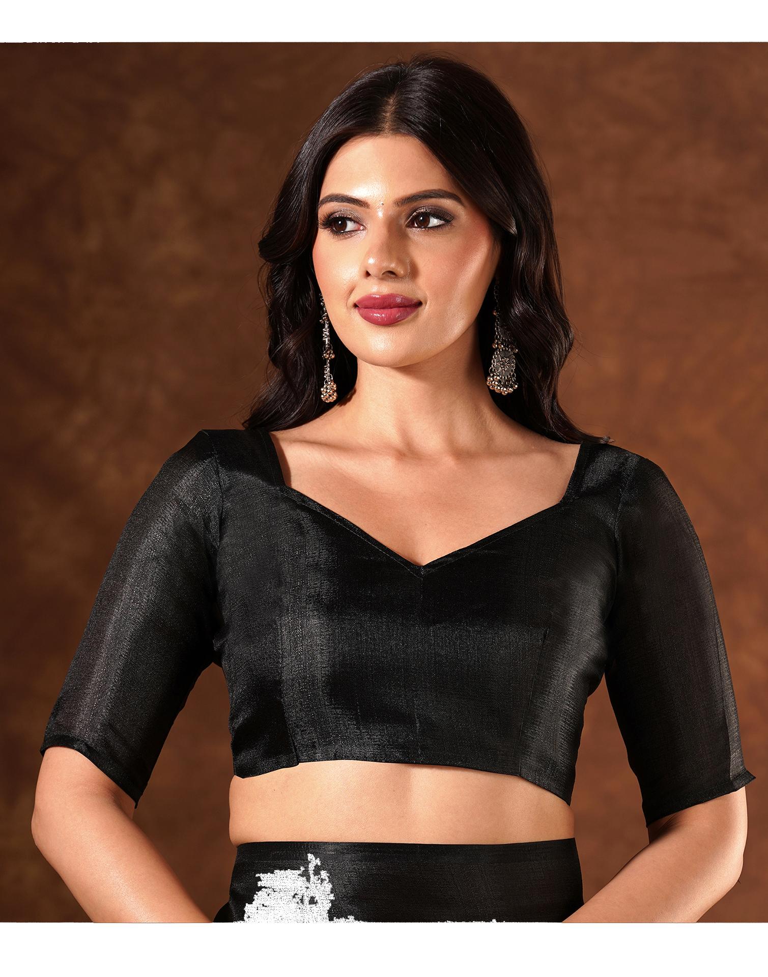 Black Cotton Blend Printed Saree