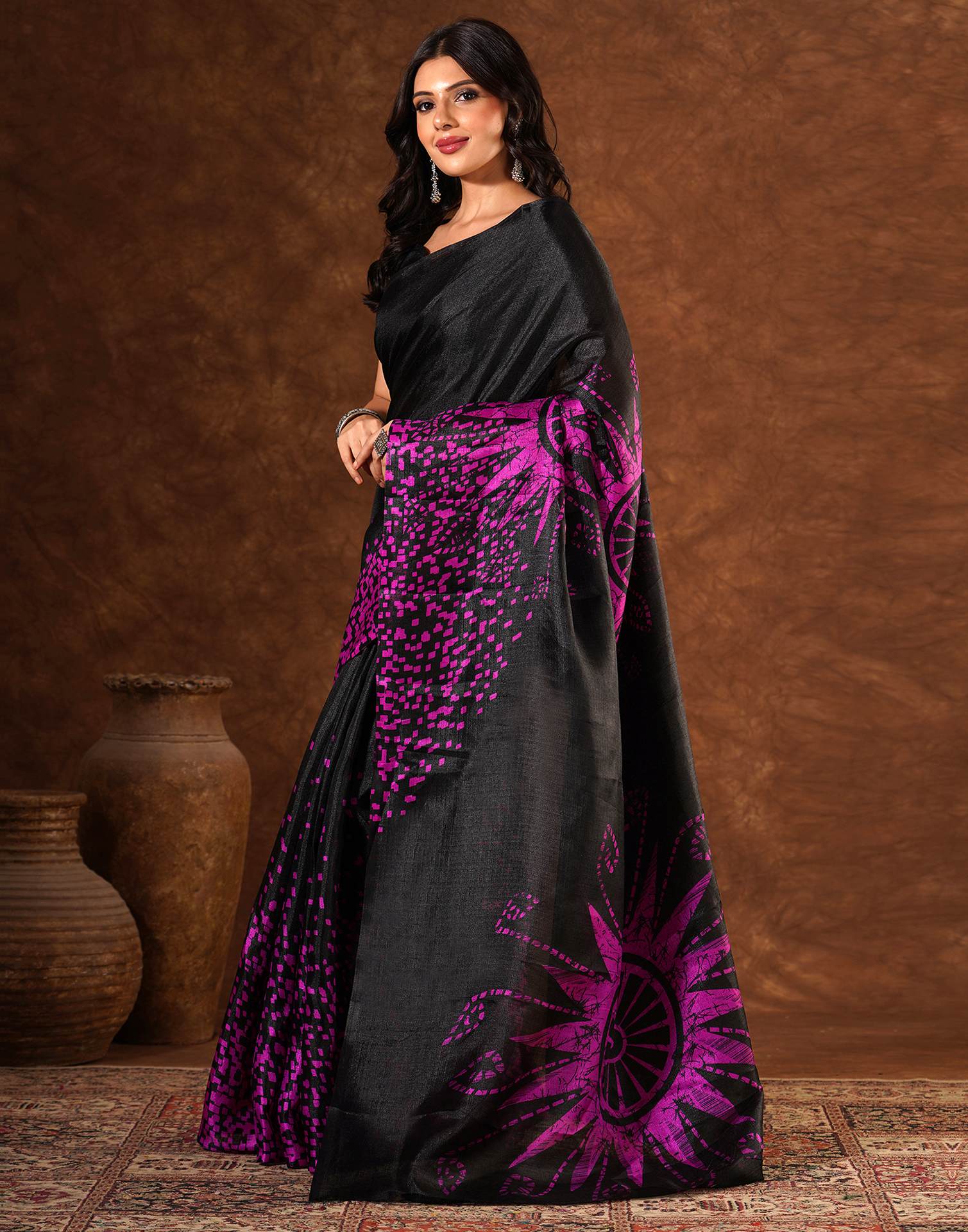 Black Cotton Blend Printed Saree