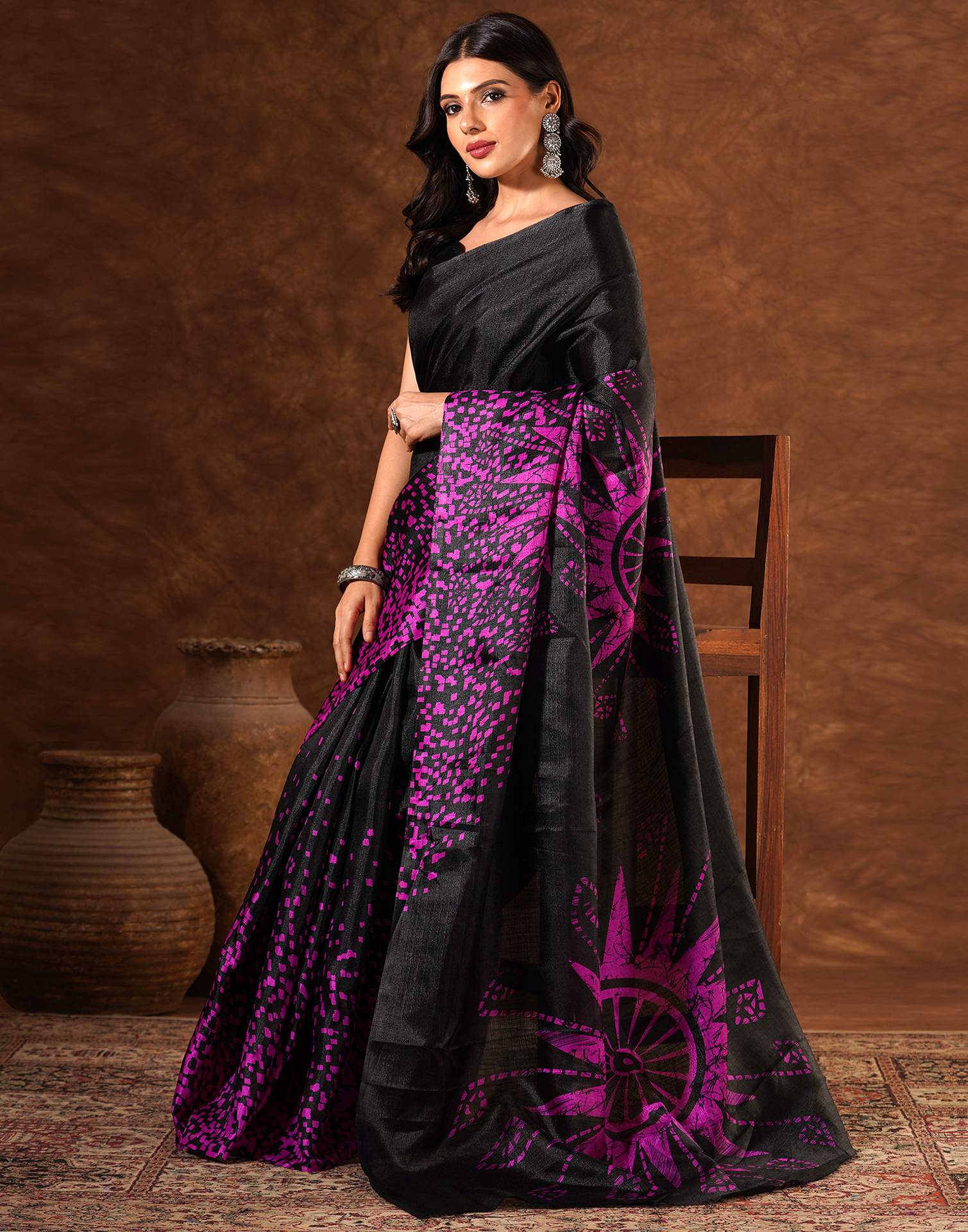 Black Cotton Blend Printed Saree
