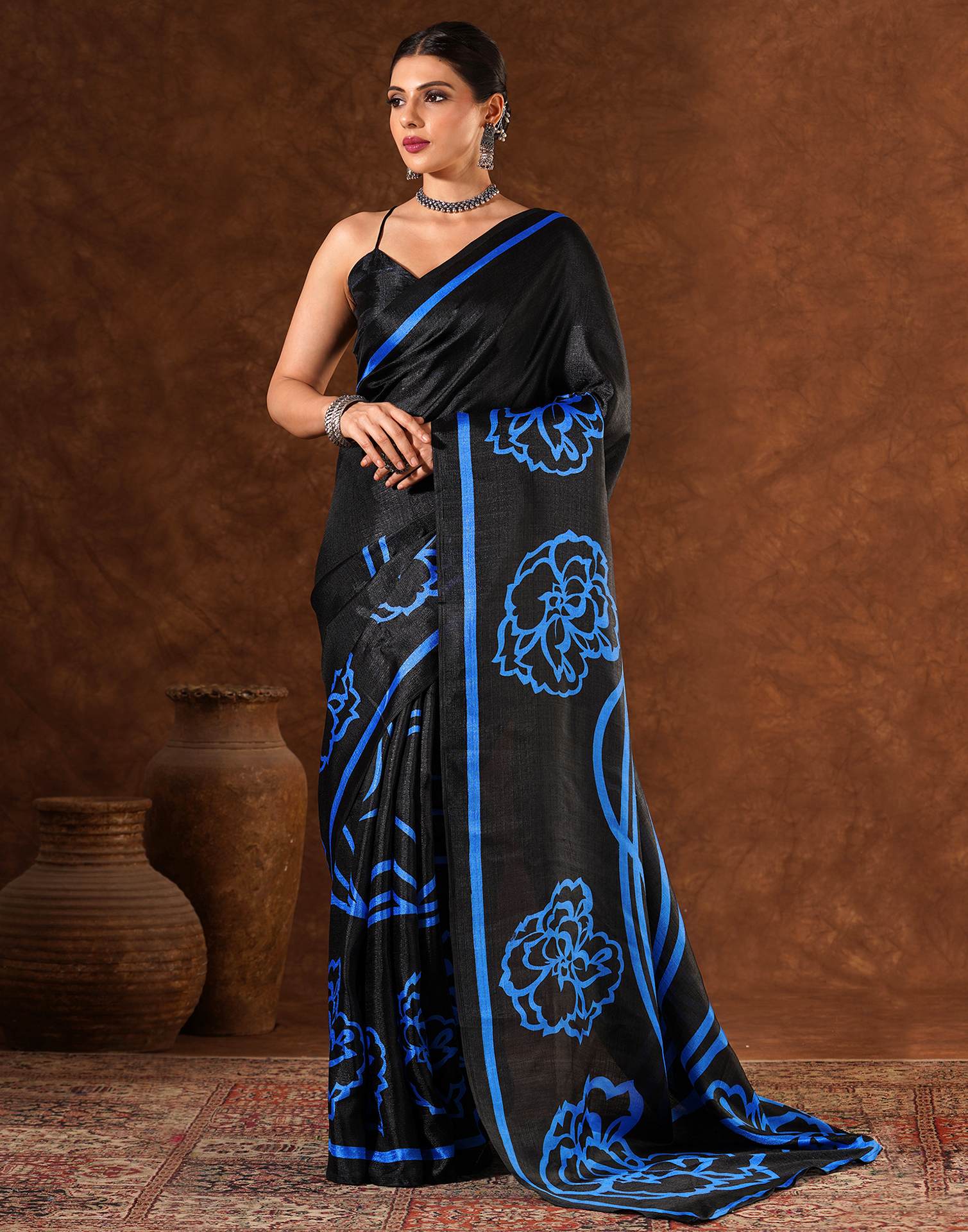 Black Cotton Blend Printed Saree