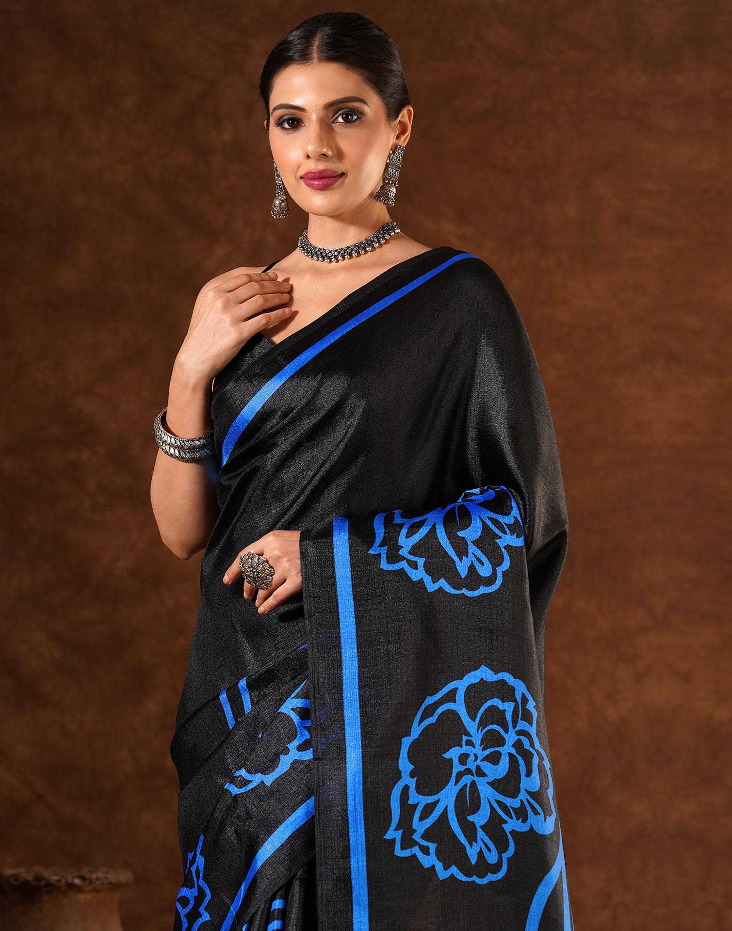 Black Cotton Blend Printed Saree