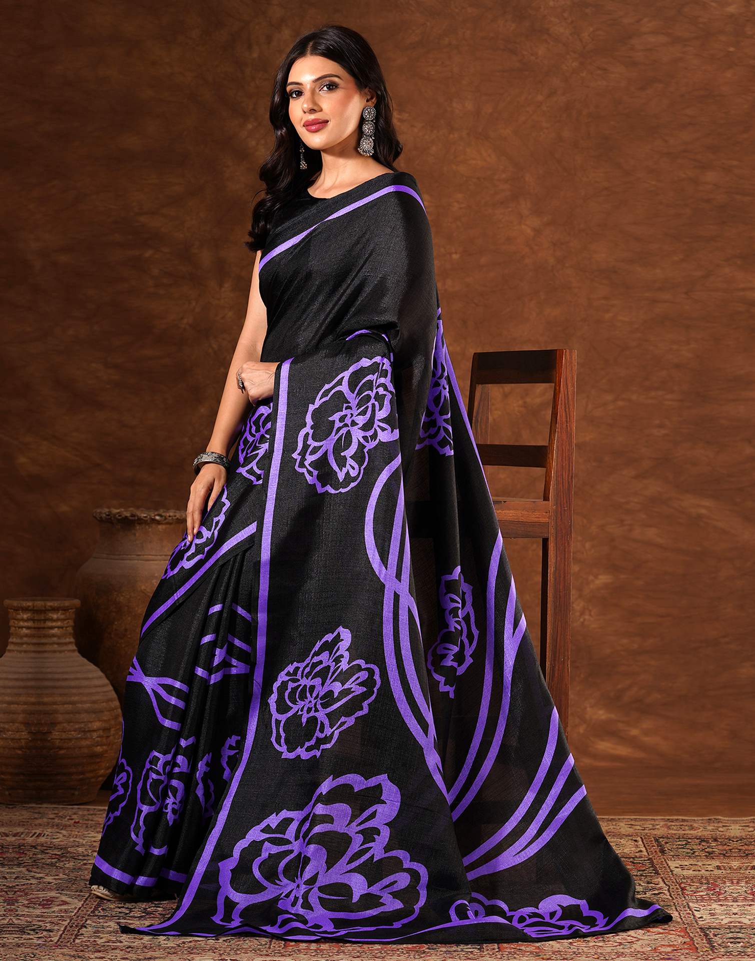 Black Cotton Blend Printed Saree