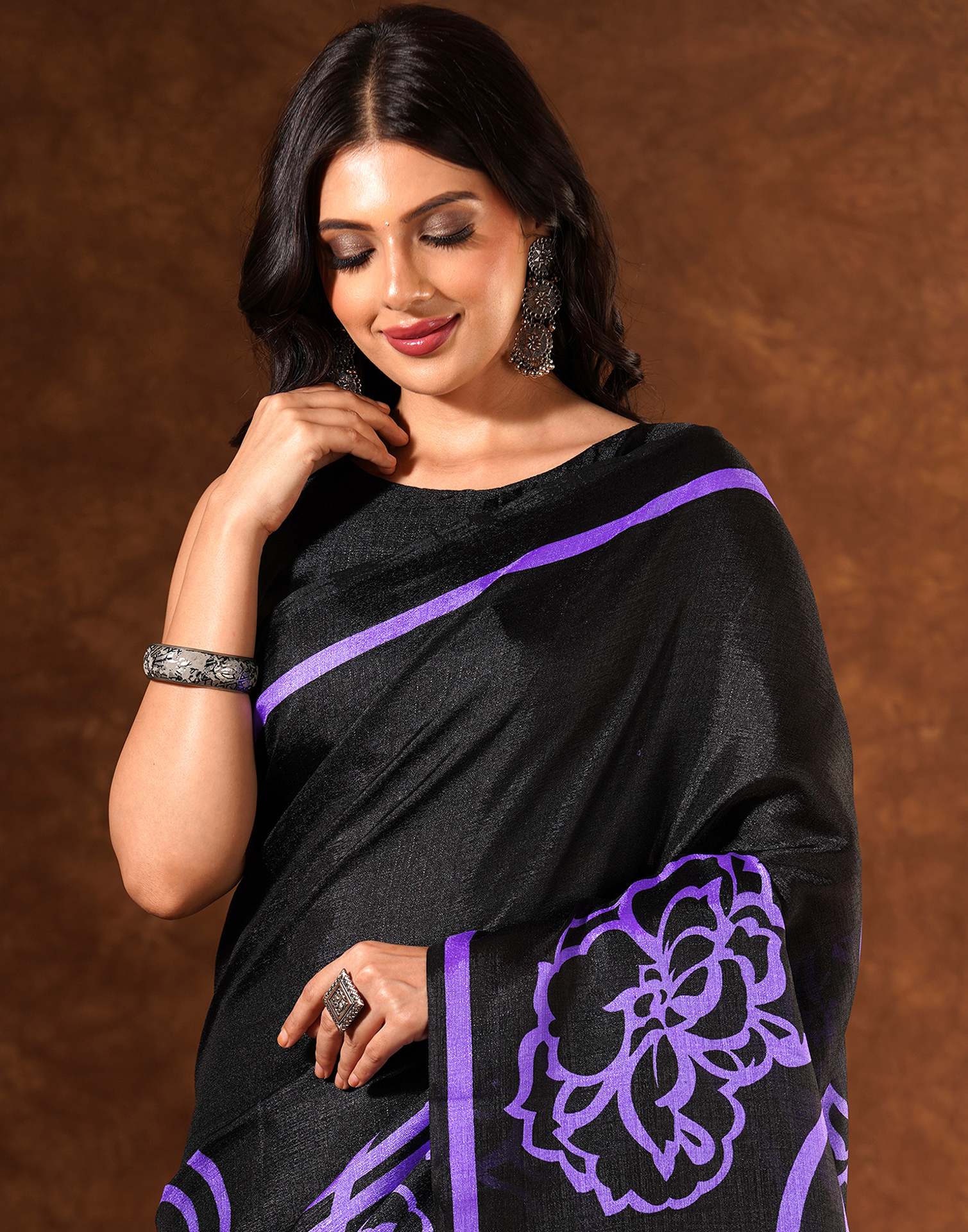 Black Cotton Blend Printed Saree