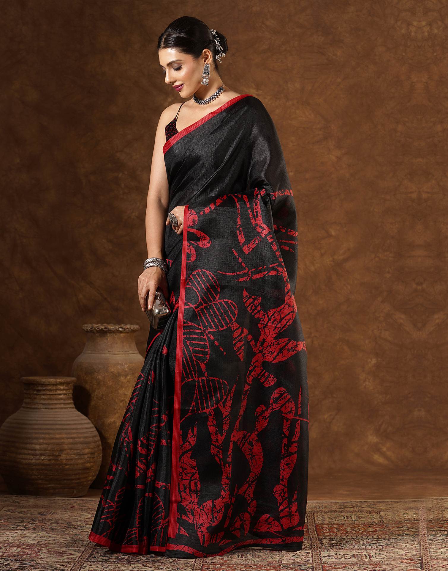Black Cotton Blend Printed Saree