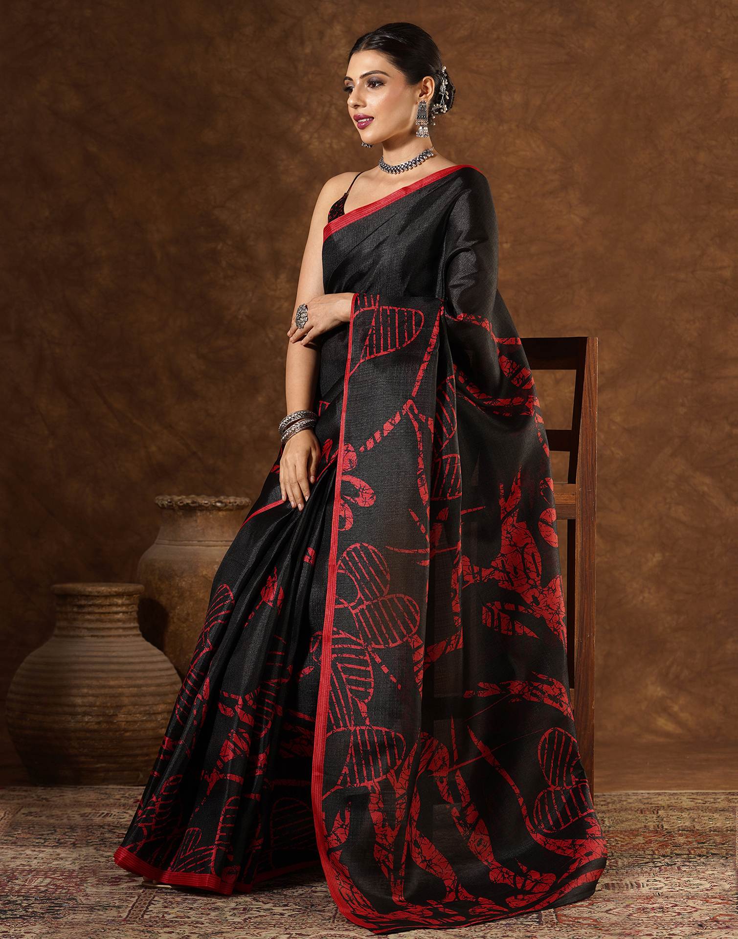 Black Cotton Blend Printed Saree