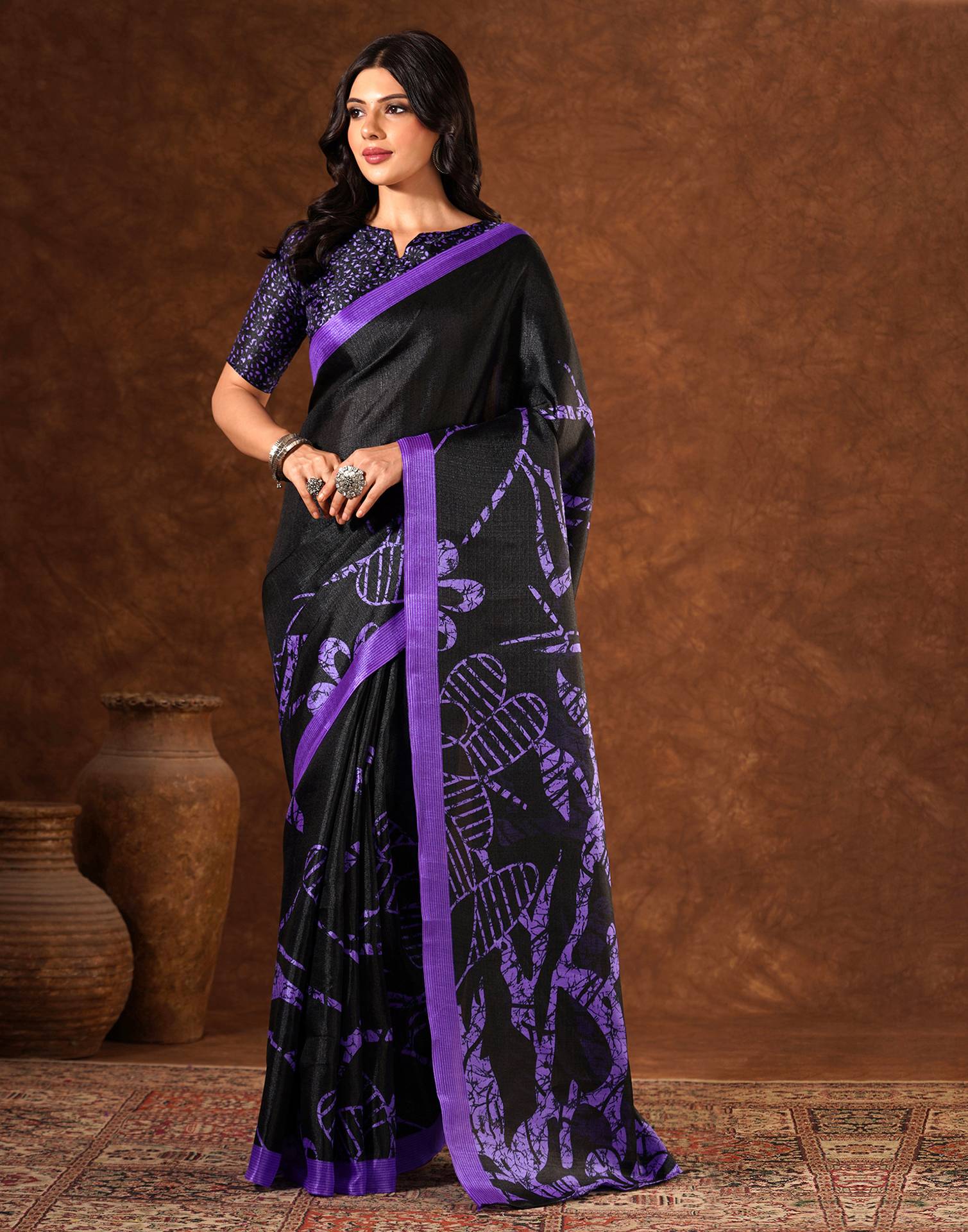 Black Cotton Blend Printed Saree
