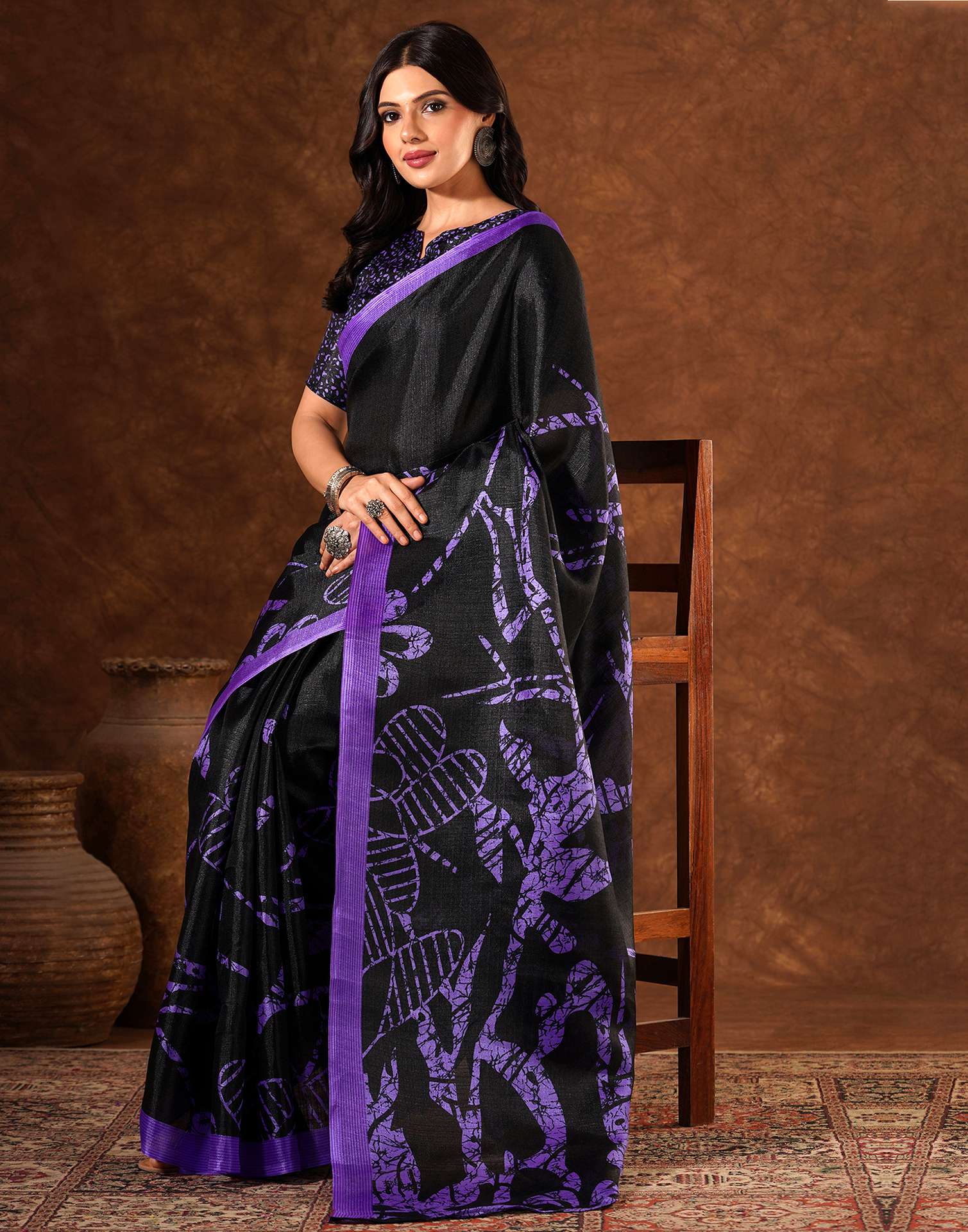 Black Cotton Blend Printed Saree