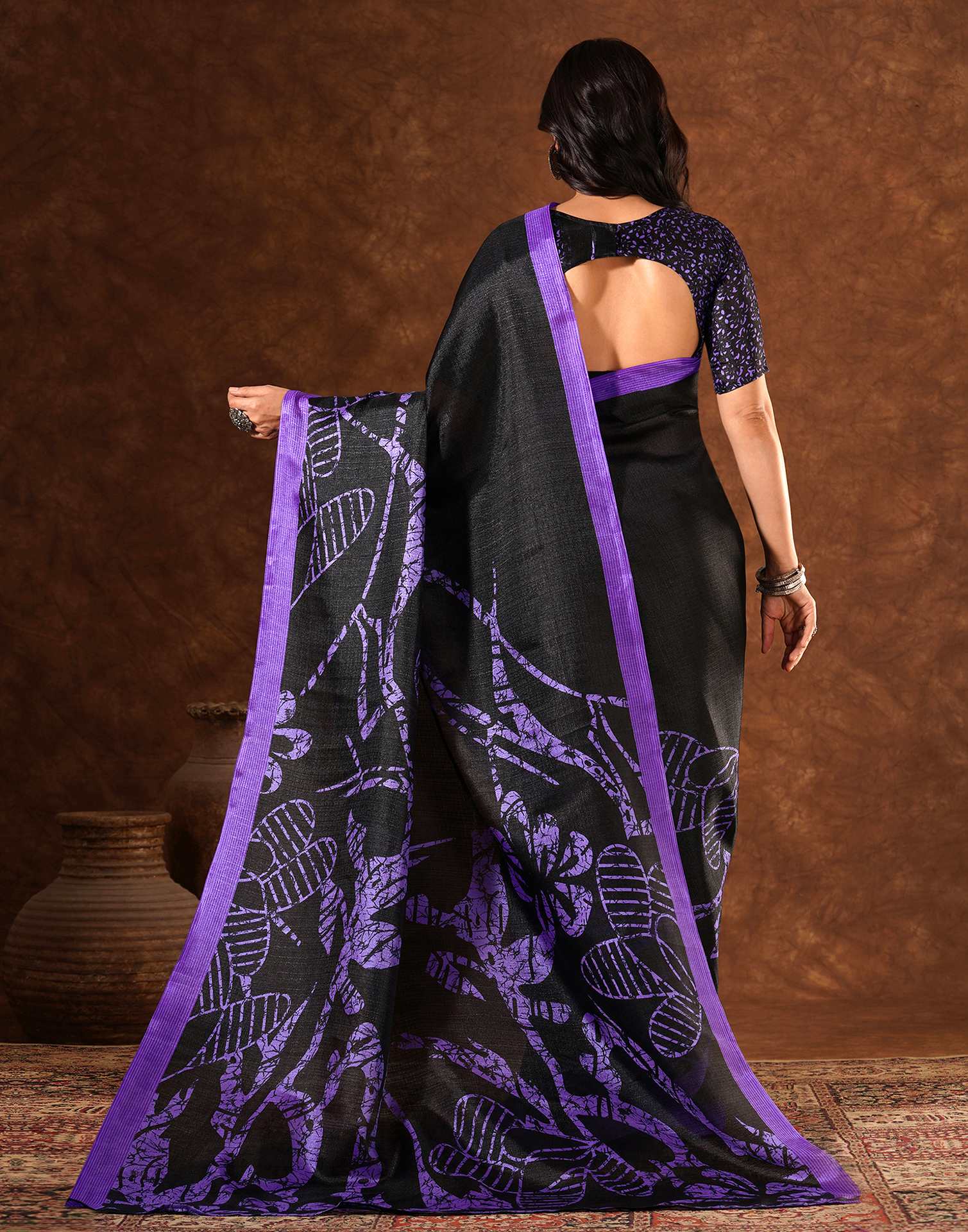 Black Cotton Blend Printed Saree