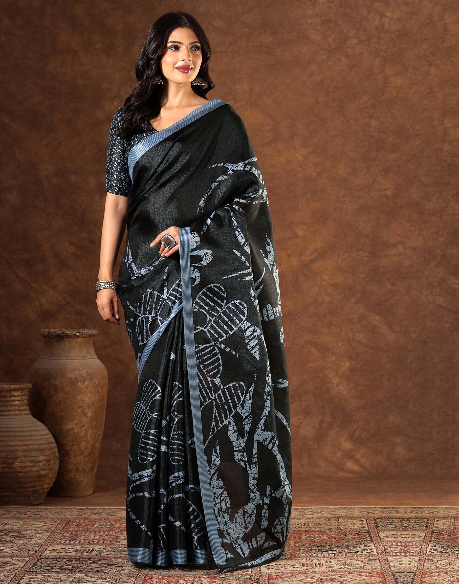 Black Cotton Blend Printed Saree