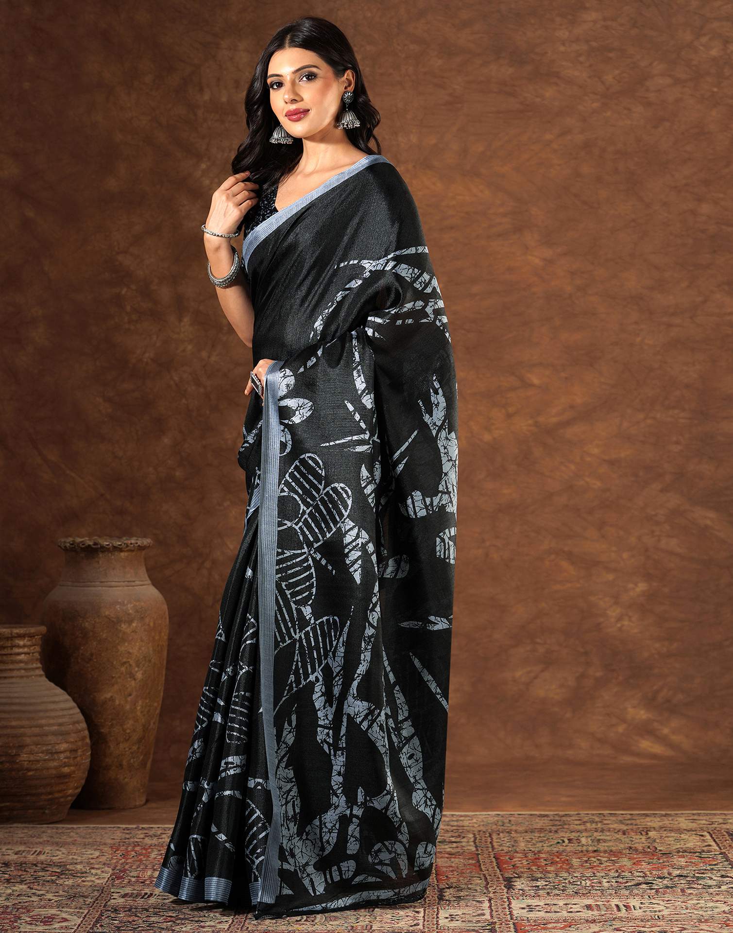 Black Cotton Blend Printed Saree