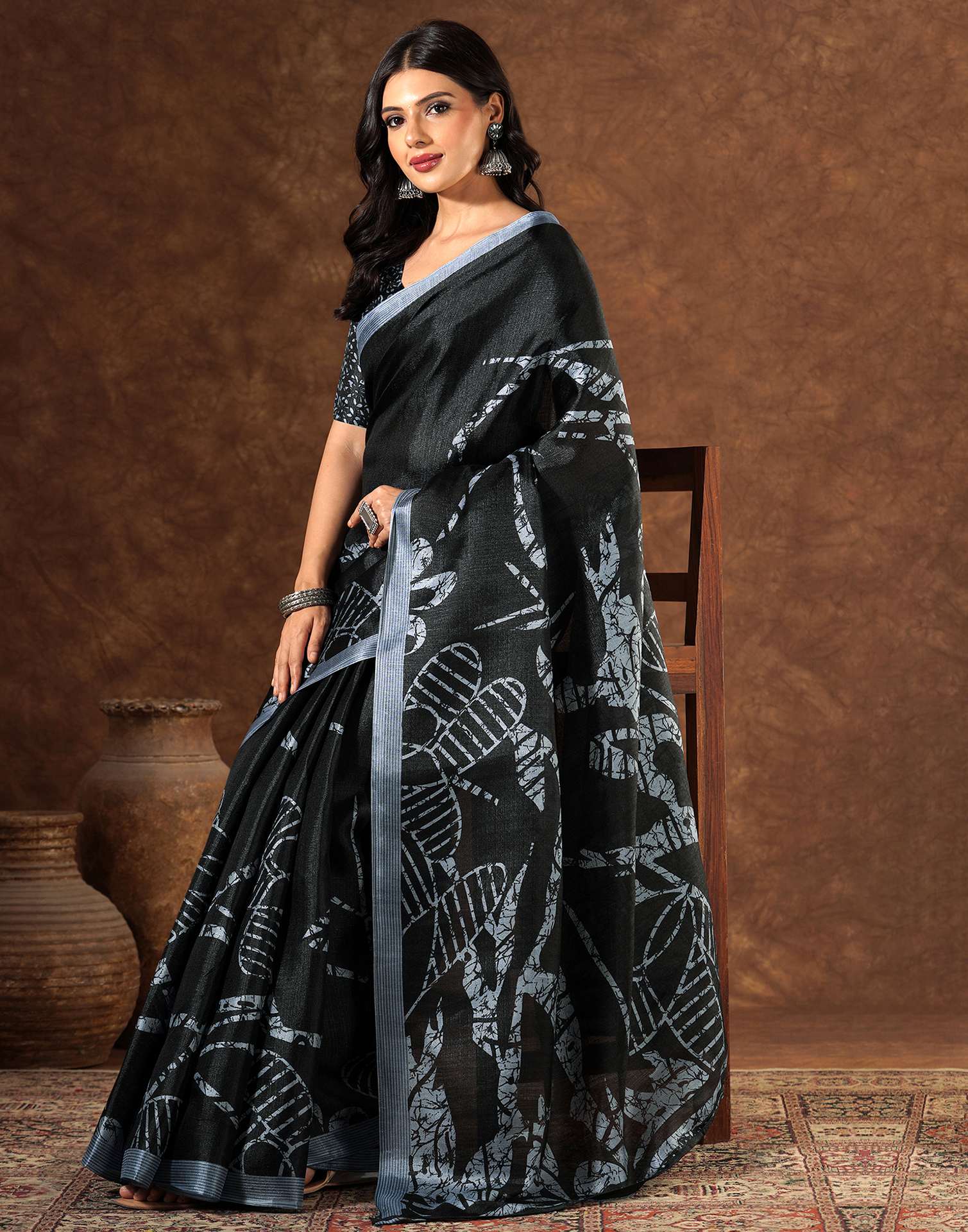 Black Cotton Blend Printed Saree