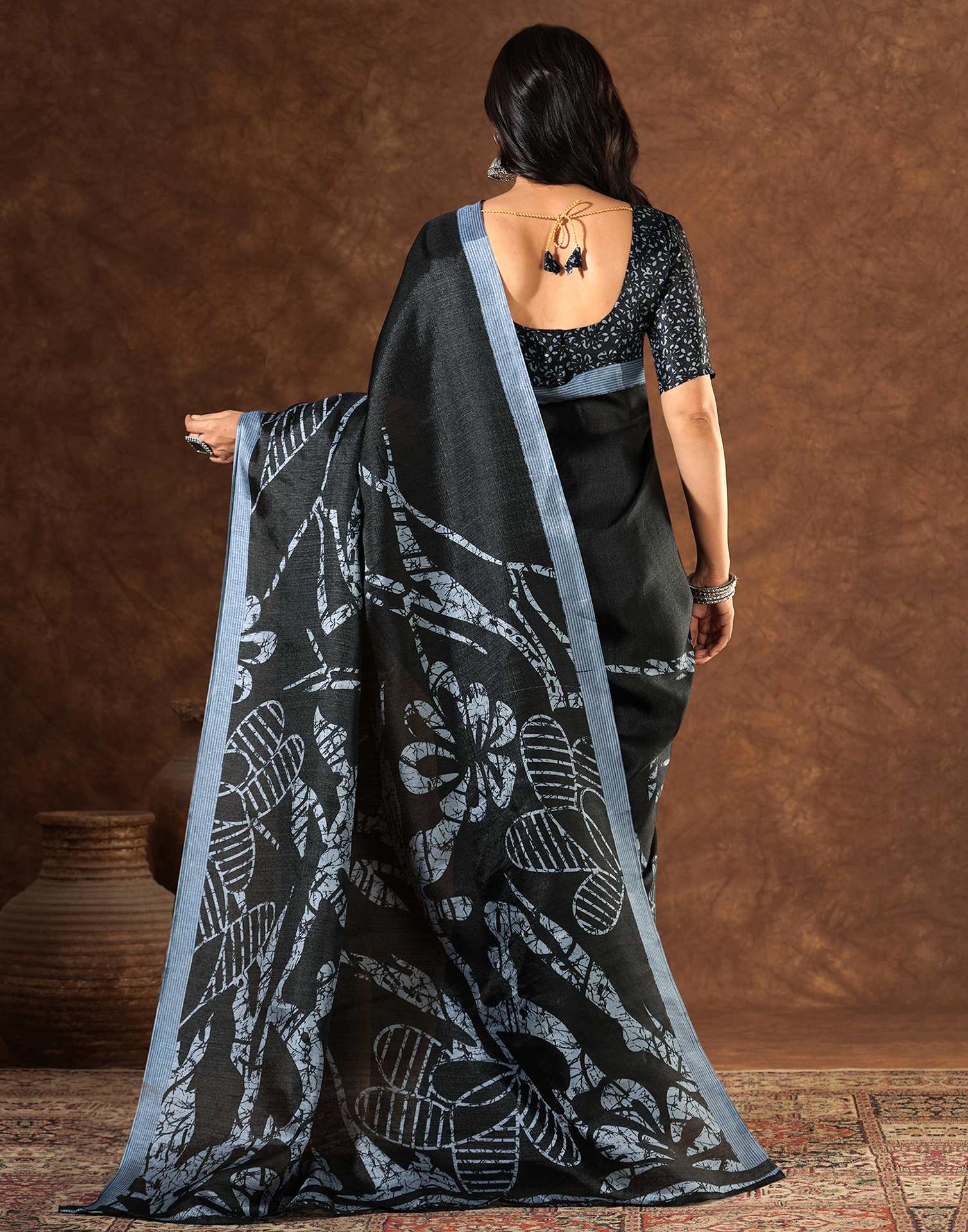 Black Cotton Blend Printed Saree