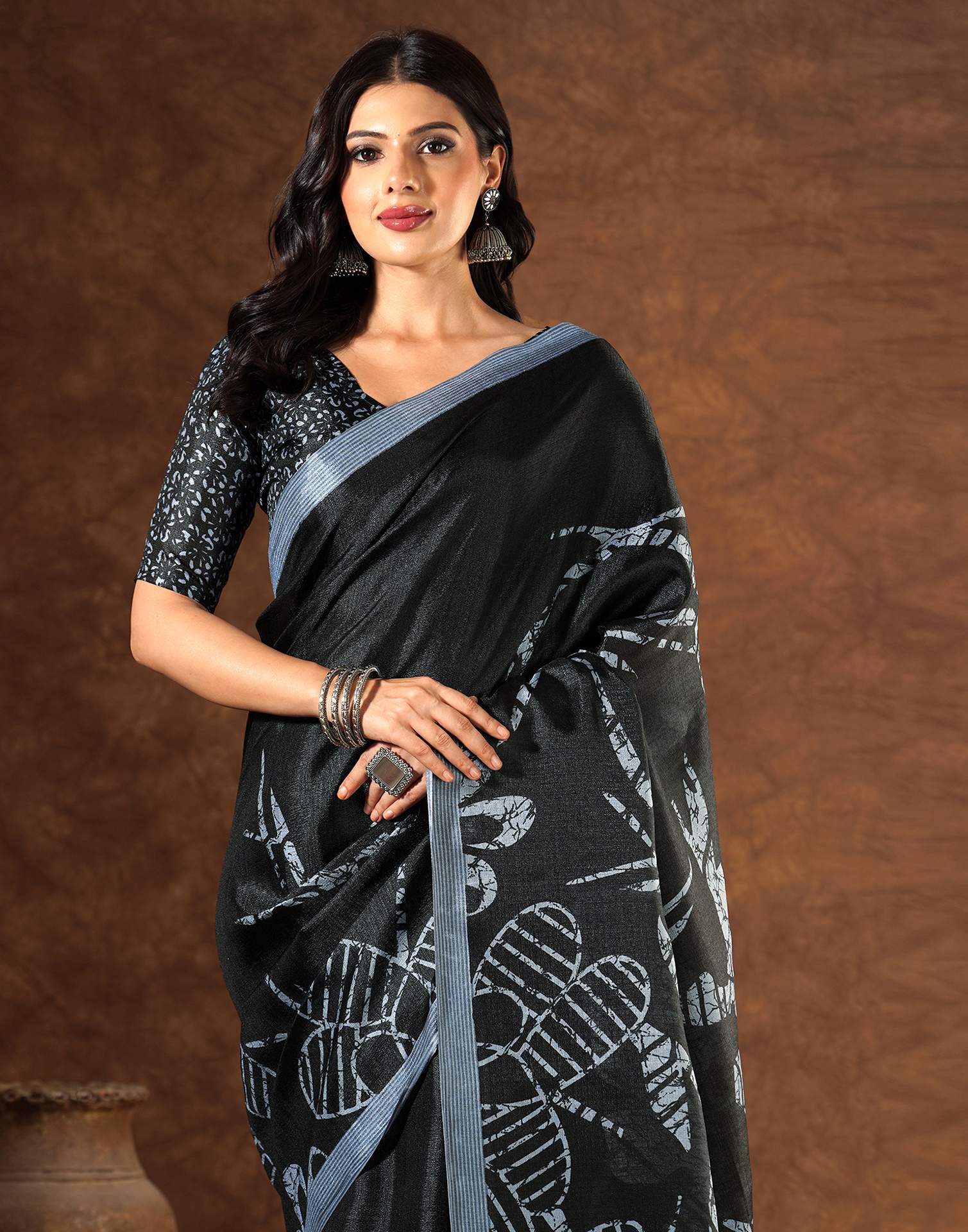Black Cotton Blend Printed Saree