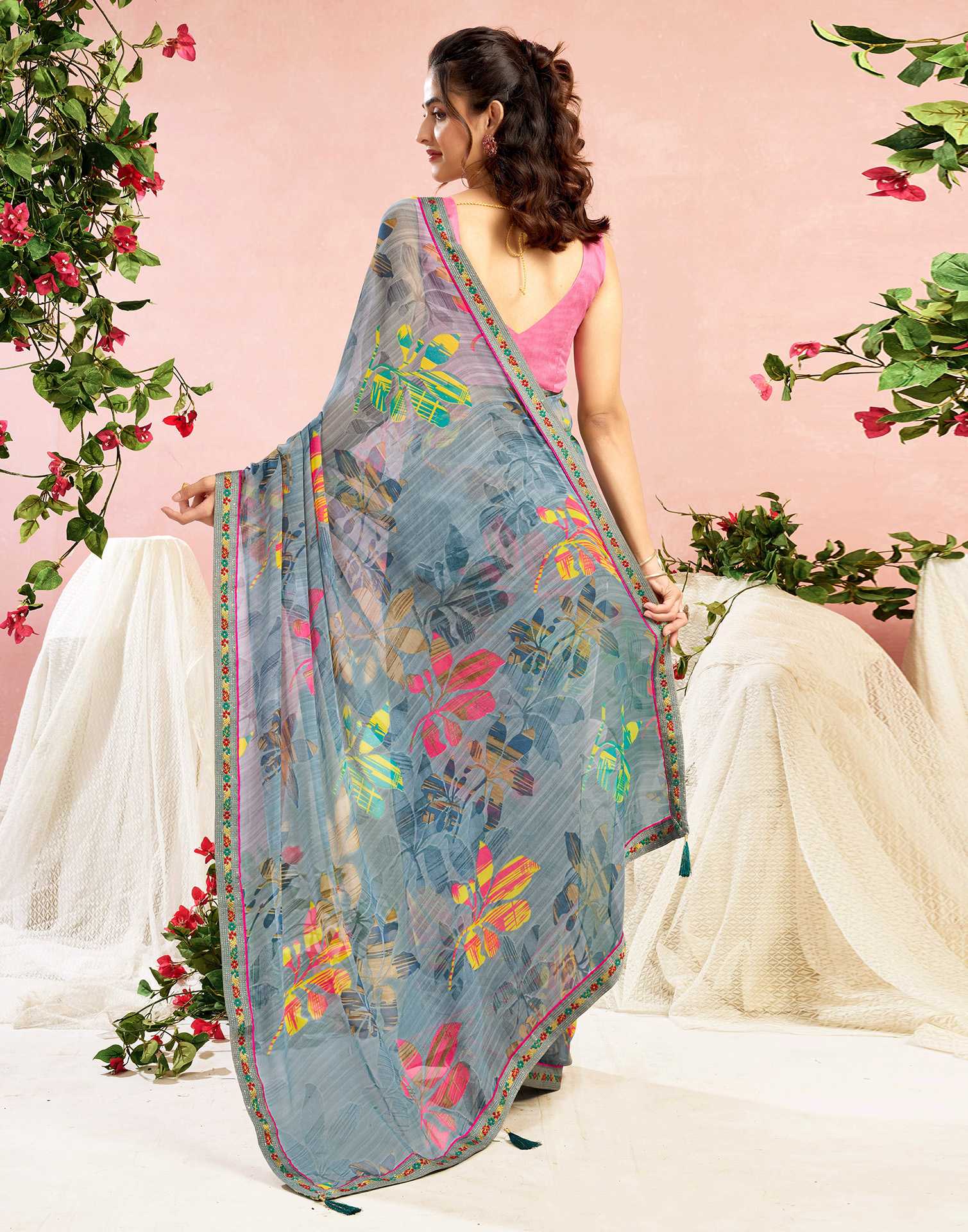 Grey Georgette Printed Saree